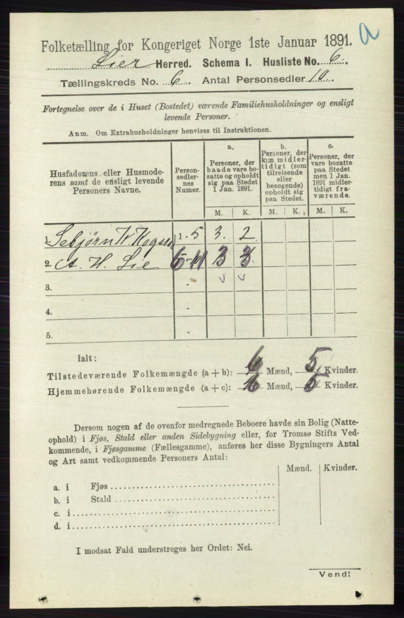 RA, 1891 census for 0626 Lier, 1891, p. 3663