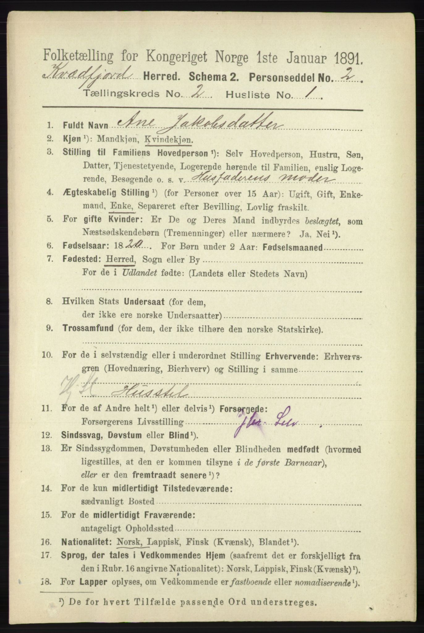 RA, 1891 census for 1911 Kvæfjord, 1891, p. 715