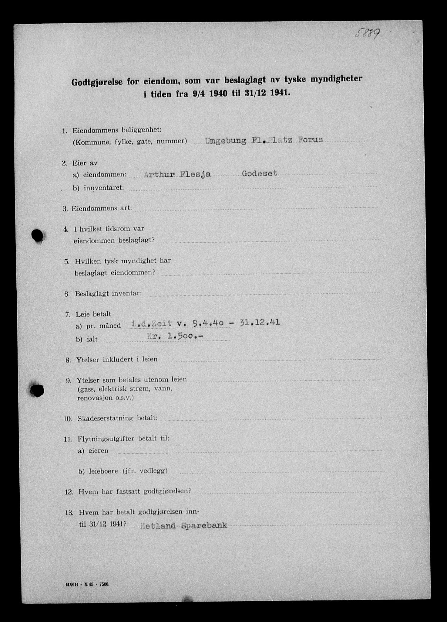 Justisdepartementet, Tilbakeføringskontoret for inndratte formuer, AV/RA-S-1564/I/L1015: Godtgjørelse for beslaglagt eiendom, 1940-1941, p. 448