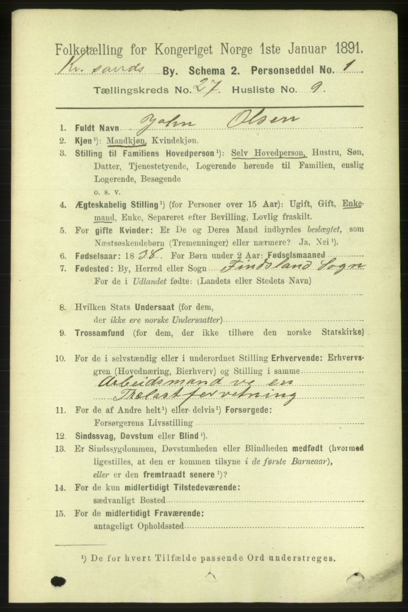 RA, 1891 census for 1001 Kristiansand, 1891, p. 9483
