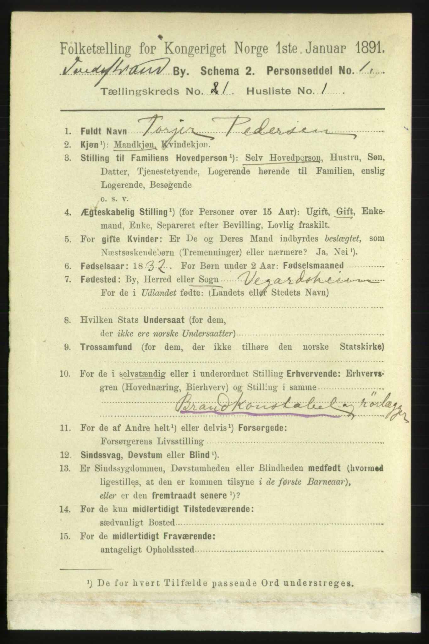 RA, 1891 census for 0902 Tvedestrand, 1891, p. 603