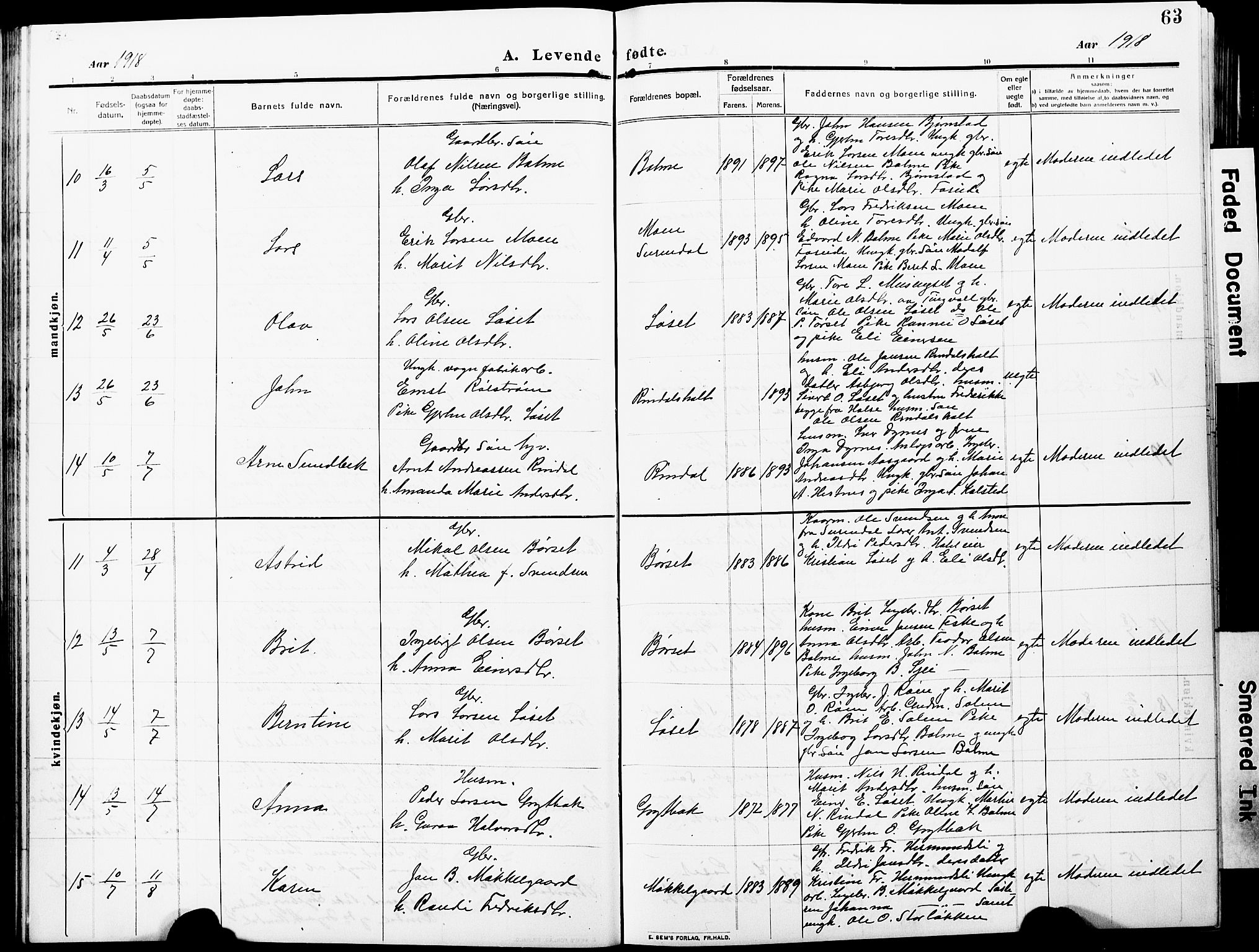 Ministerialprotokoller, klokkerbøker og fødselsregistre - Møre og Romsdal, SAT/A-1454/598/L1079: Parish register (copy) no. 598C04, 1909-1927, p. 63