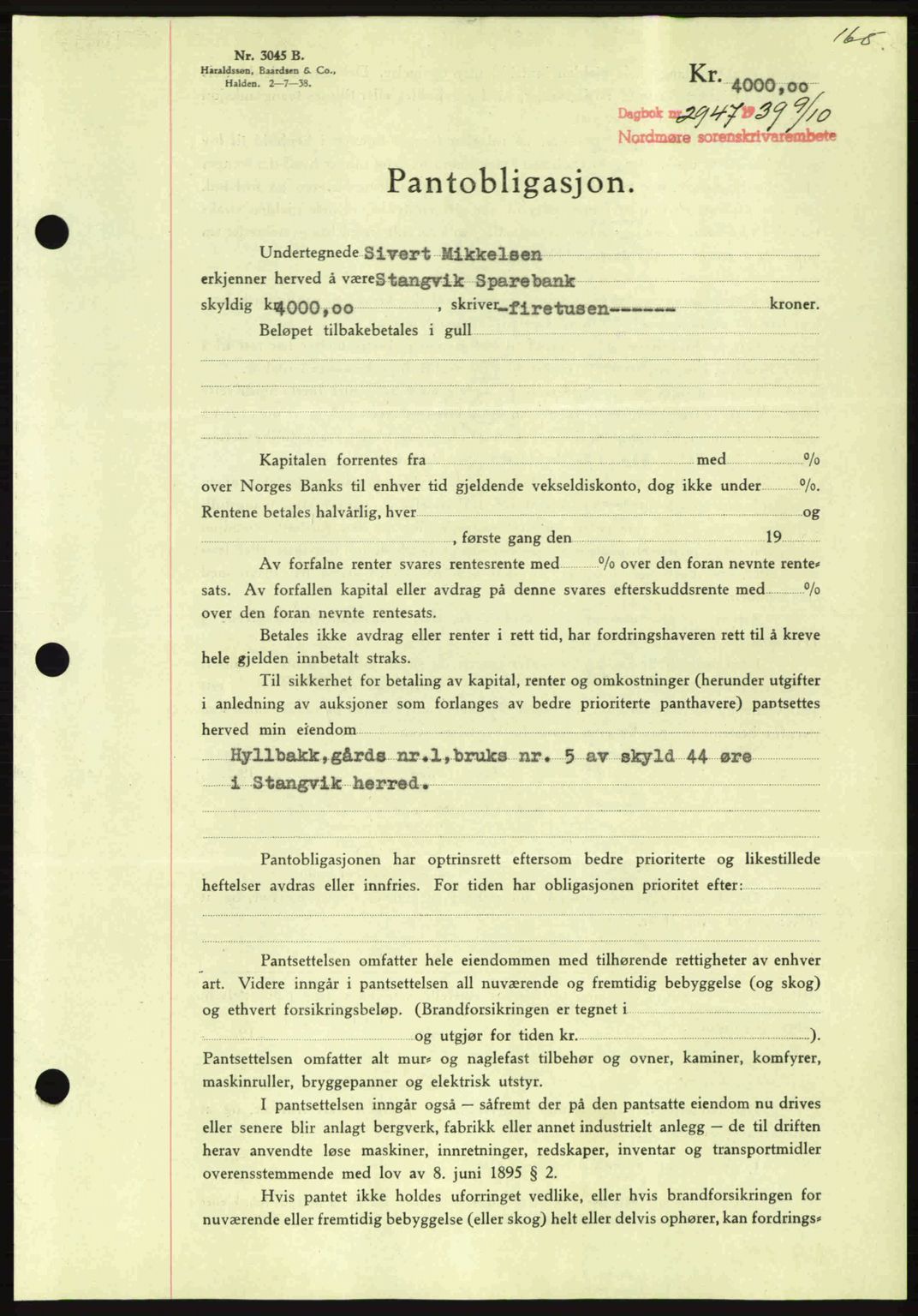 Nordmøre sorenskriveri, AV/SAT-A-4132/1/2/2Ca: Mortgage book no. B86, 1939-1940, Diary no: : 2947/1939