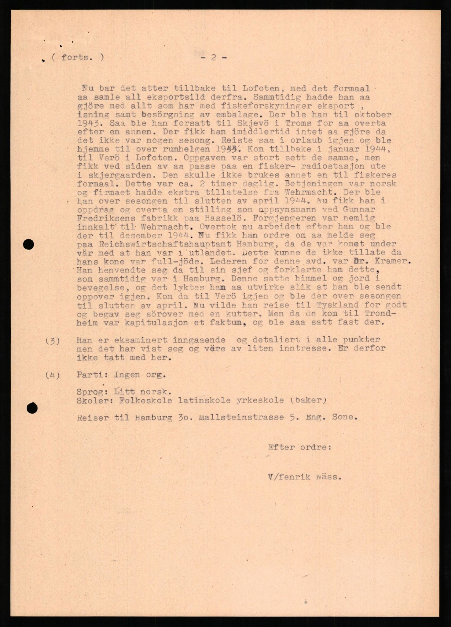 Forsvaret, Forsvarets overkommando II, AV/RA-RAFA-3915/D/Db/L0021: CI Questionaires. Tyske okkupasjonsstyrker i Norge. Tyskere., 1945-1946, p. 168