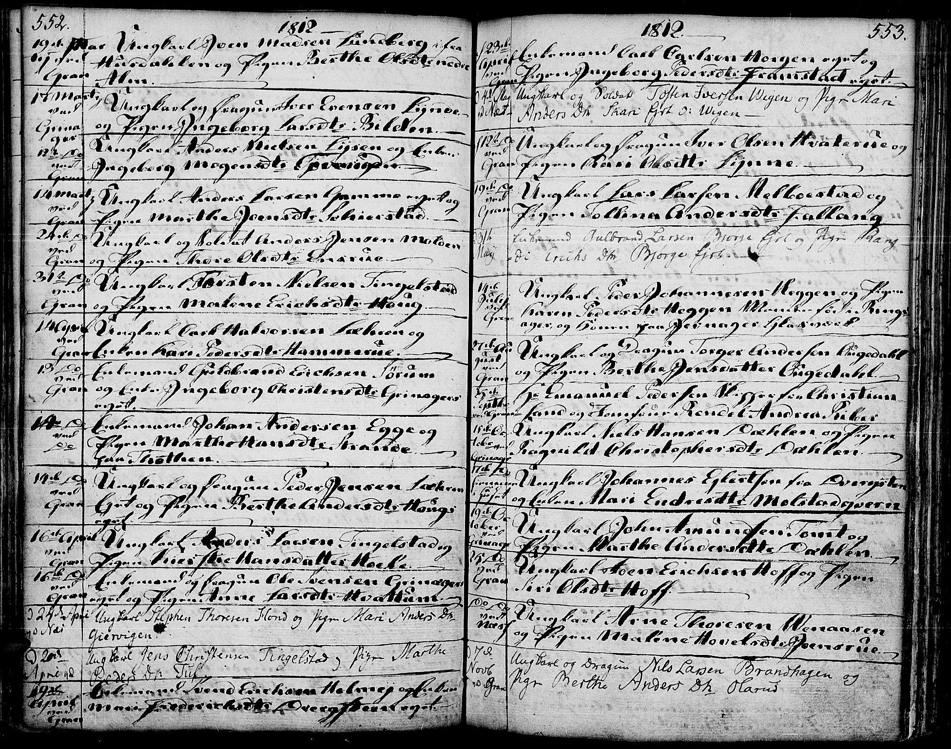 Gran prestekontor, SAH/PREST-112/H/Ha/Haa/L0006: Parish register (official) no. 6, 1787-1824, p. 552-553
