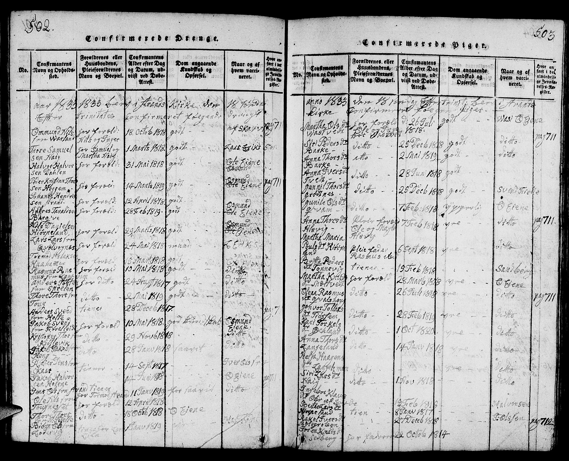 Strand sokneprestkontor, AV/SAST-A-101828/H/Ha/Hab/L0001: Parish register (copy) no. B 1, 1816-1854, p. 502-503