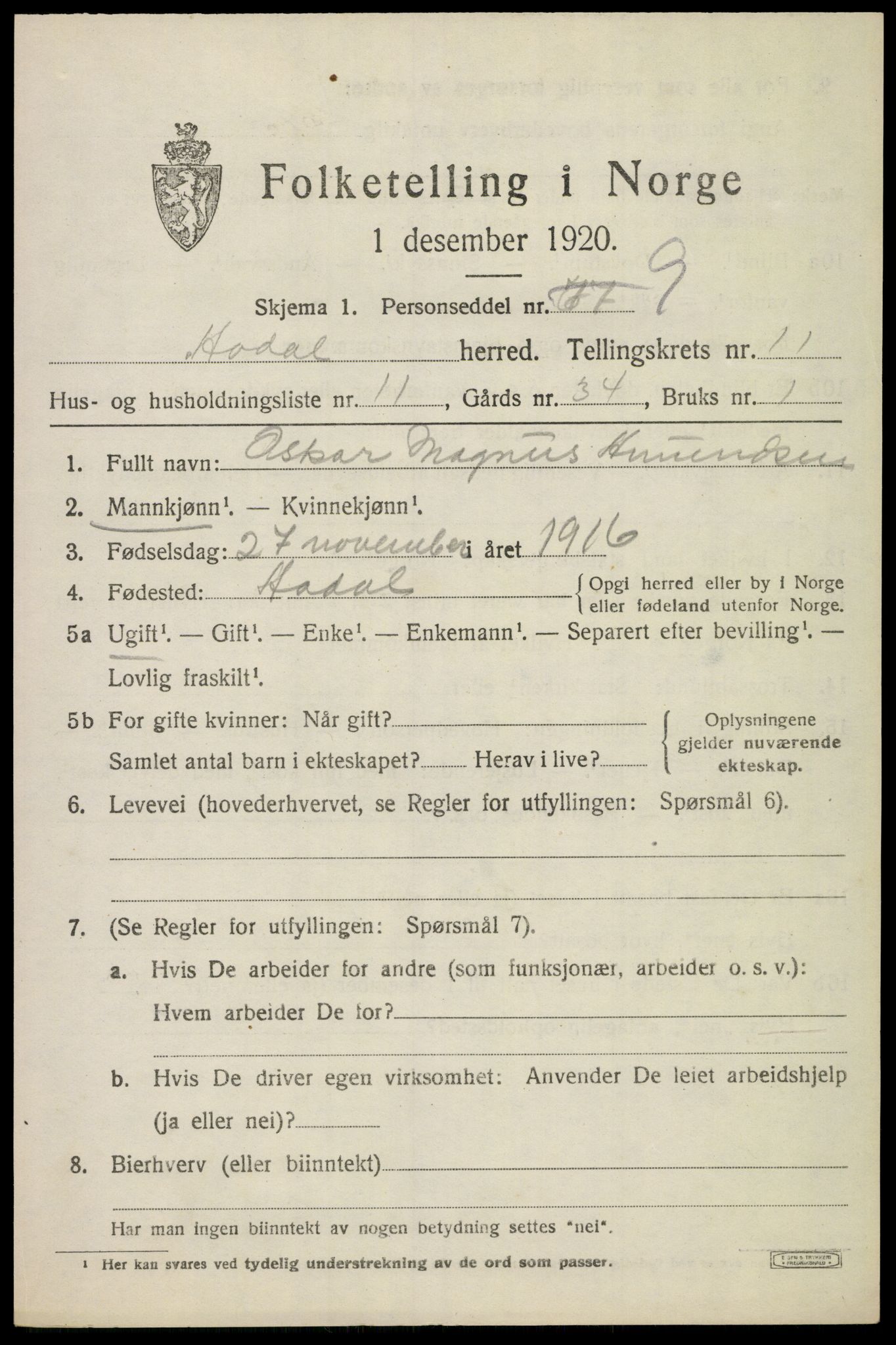 SAKO, 1920 census for Ådal, 1920, p. 6760