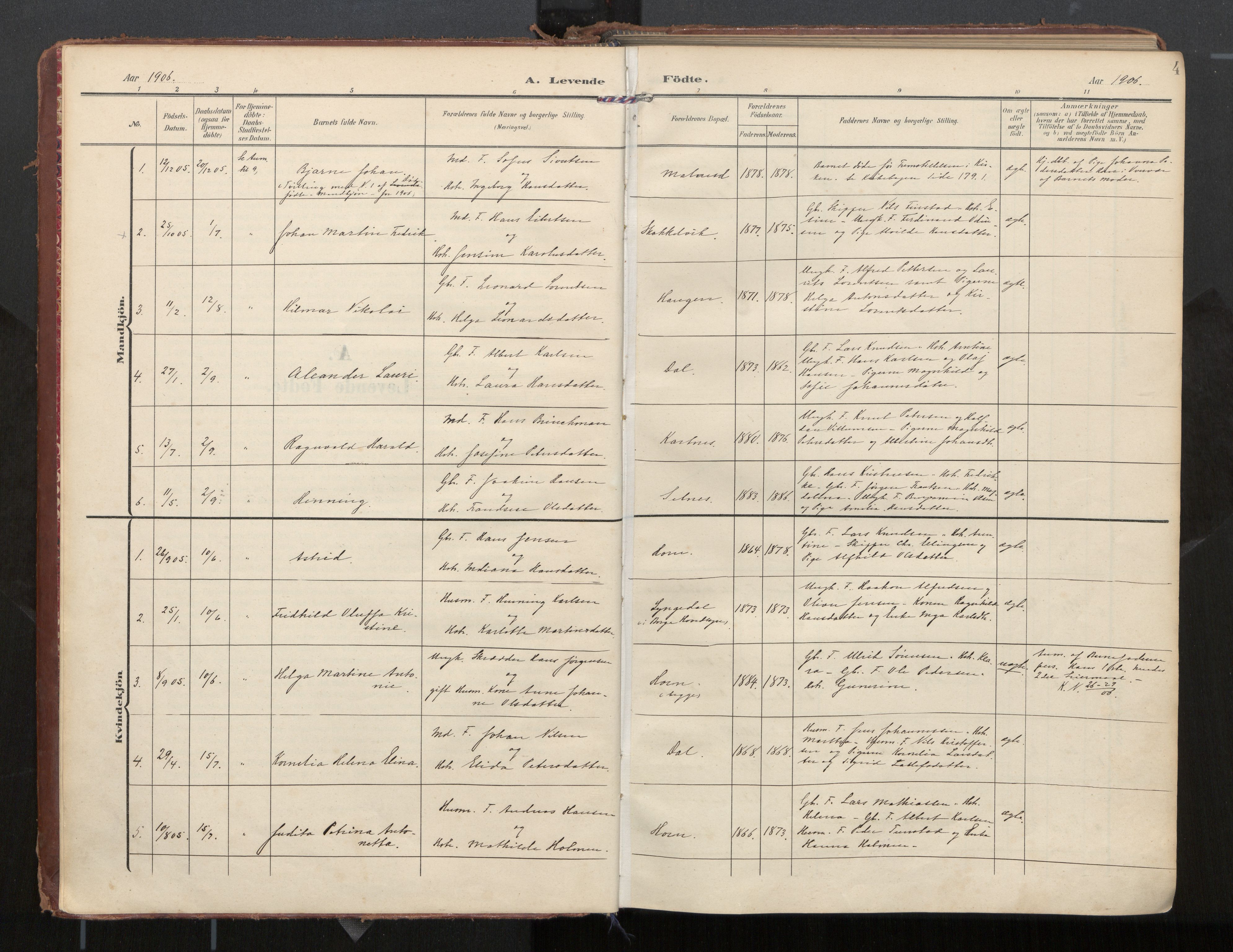 Ministerialprotokoller, klokkerbøker og fødselsregistre - Nordland, SAT/A-1459/884/L1194: Parish register (official) no. 884A02, 1906-1937, p. 4