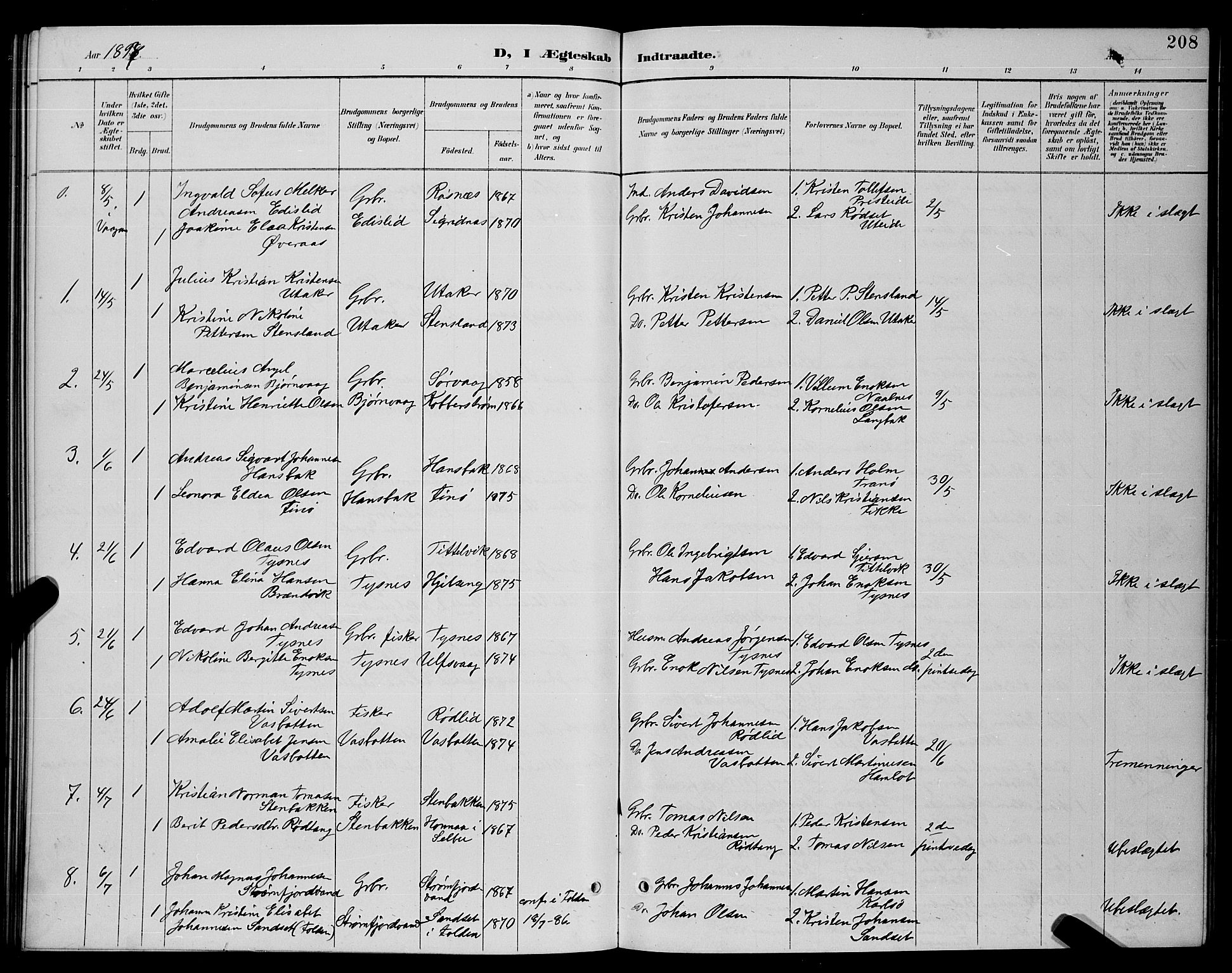 Ministerialprotokoller, klokkerbøker og fødselsregistre - Nordland, SAT/A-1459/859/L0859: Parish register (copy) no. 859C05, 1887-1898, p. 208