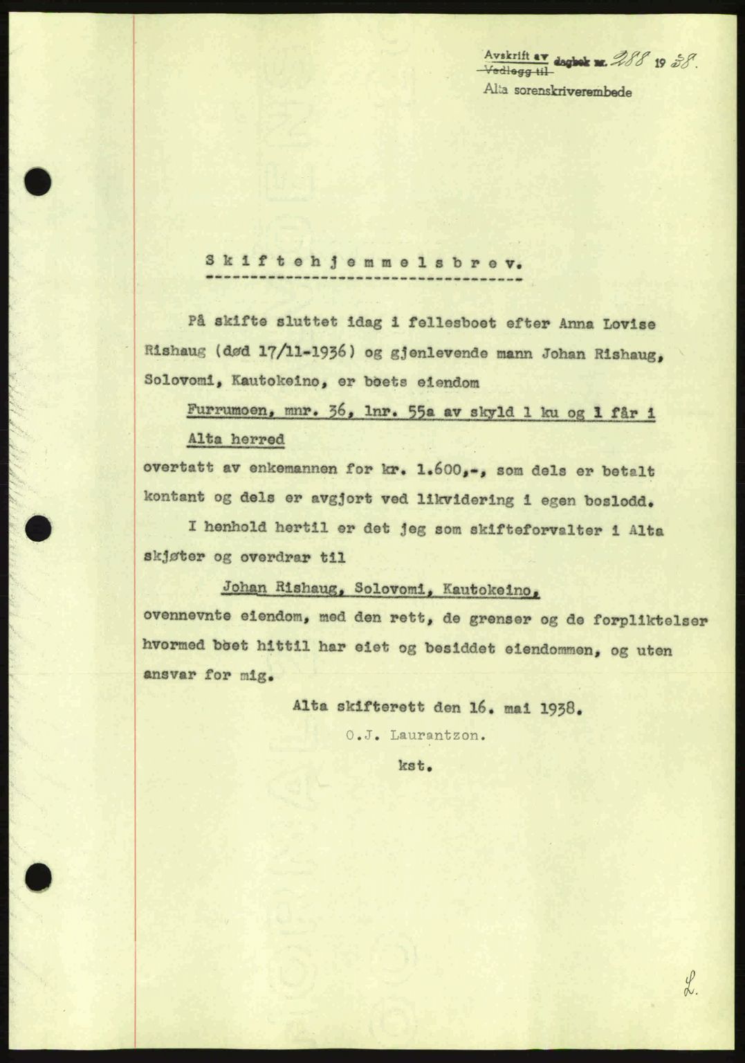 Alta fogderi/sorenskriveri, SATØ/SATØ-5/1/K/Kd/L0031pantebok: Mortgage book no. 31, 1938-1939, Diary no: : 288/1938