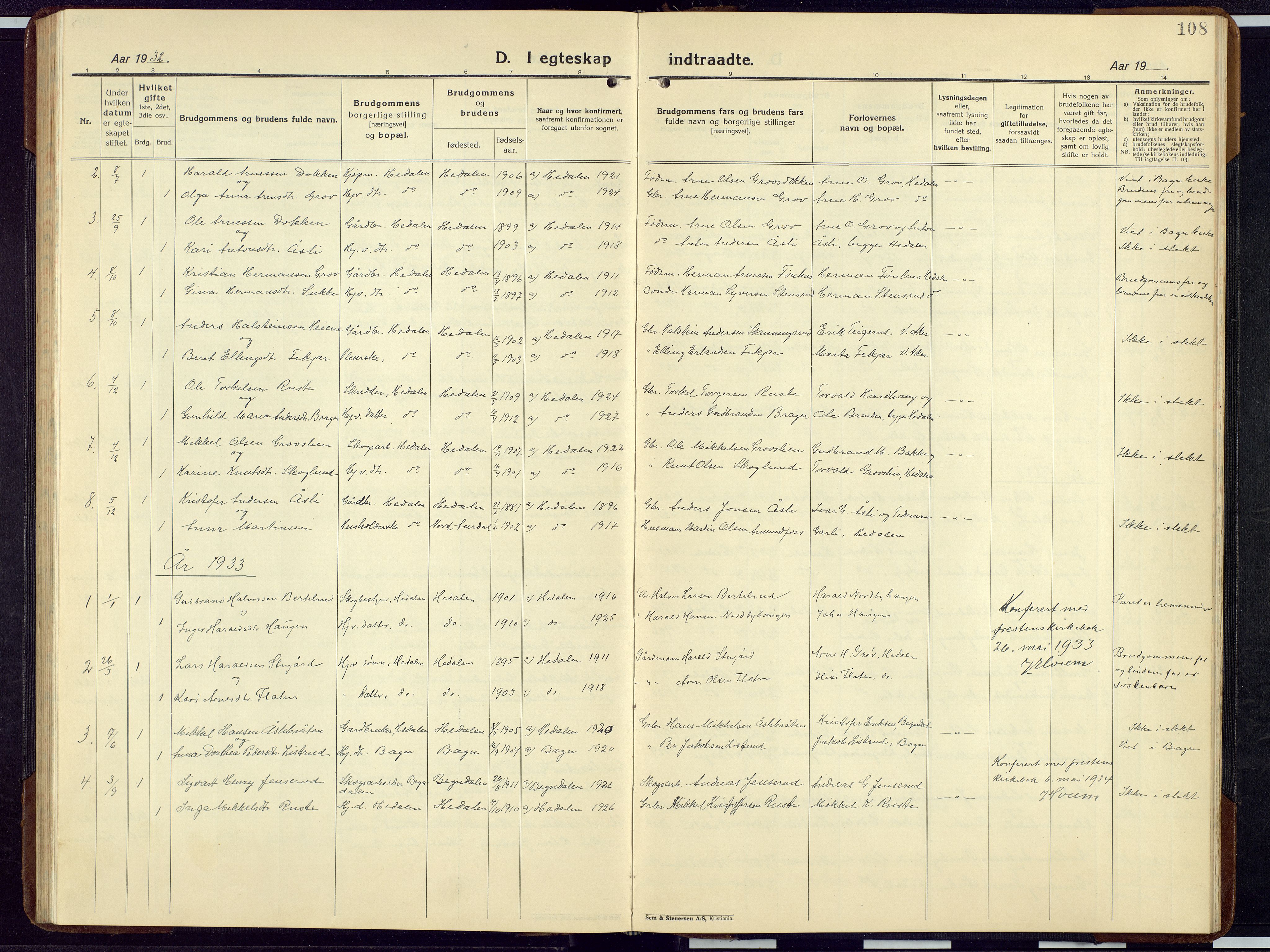 Sør-Aurdal prestekontor, SAH/PREST-128/H/Ha/Hab/L0012: Parish register (copy) no. 12, 1924-1956, p. 108