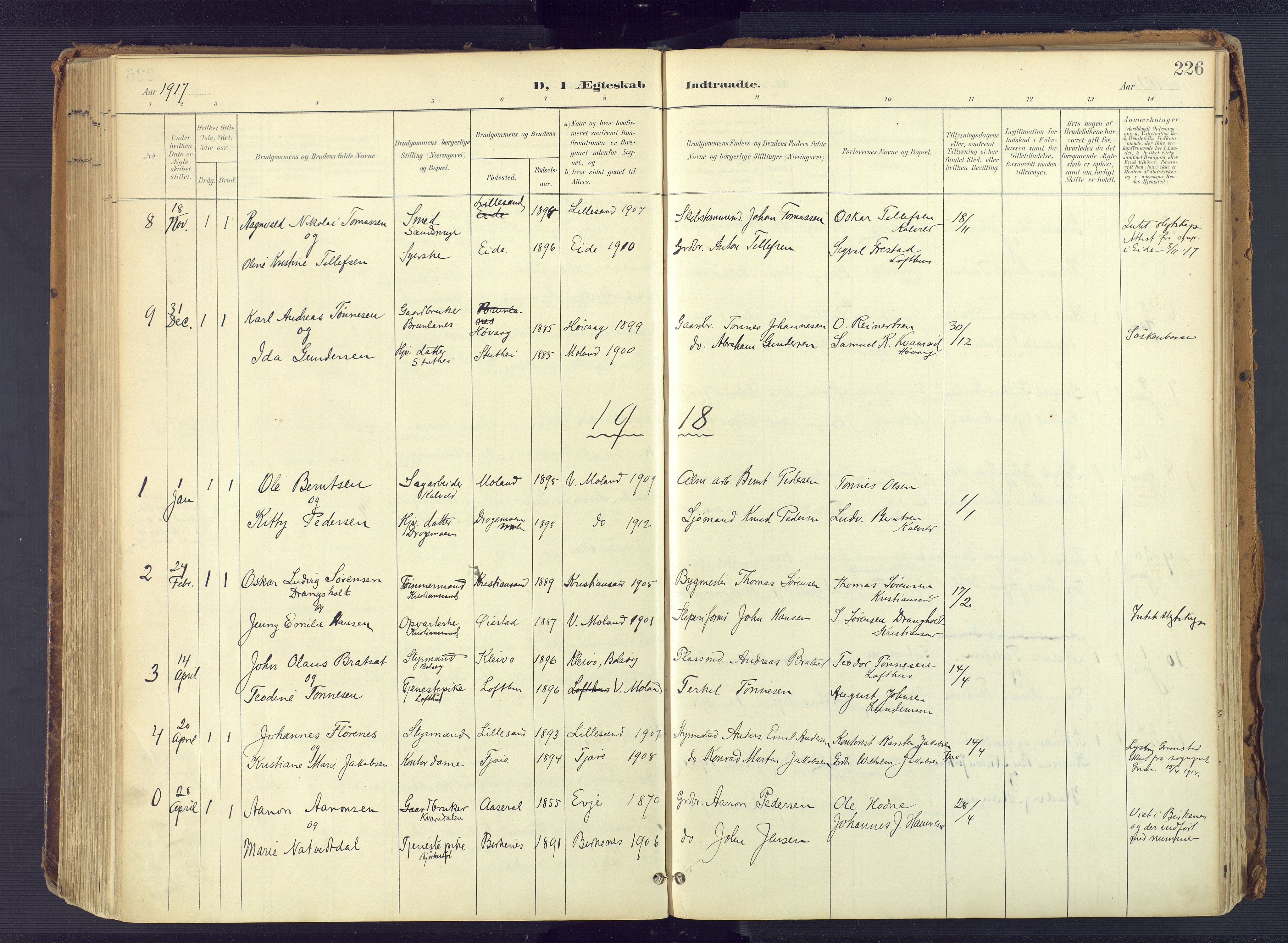 Vestre Moland sokneprestkontor, SAK/1111-0046/F/Fa/Fab/L0010: Parish register (official) no. A 10, 1900-1926, p. 226