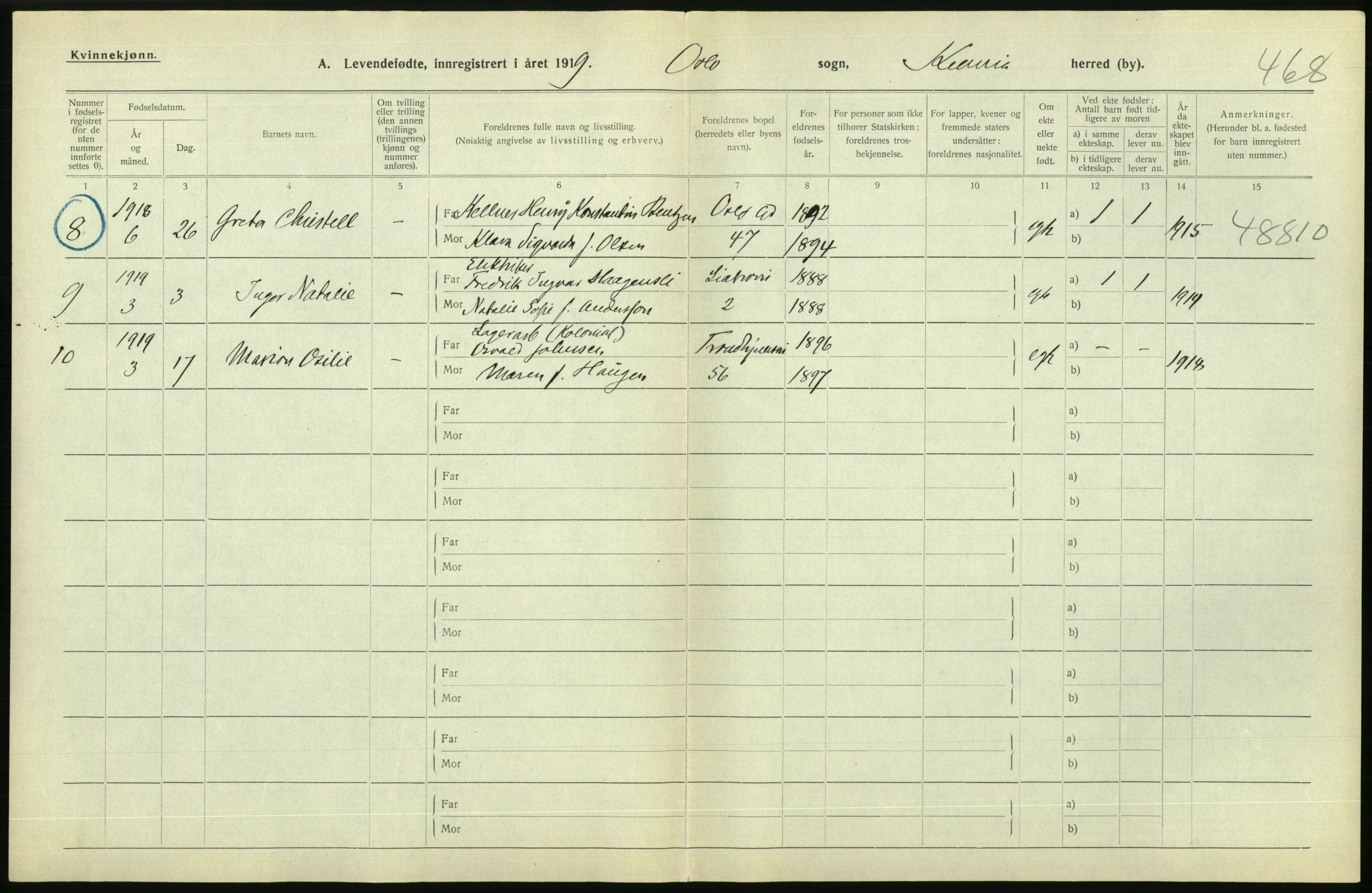 Statistisk sentralbyrå, Sosiodemografiske emner, Befolkning, AV/RA-S-2228/D/Df/Dfb/Dfbi/L0008: Kristiania: Levendefødte menn og kvinner., 1919