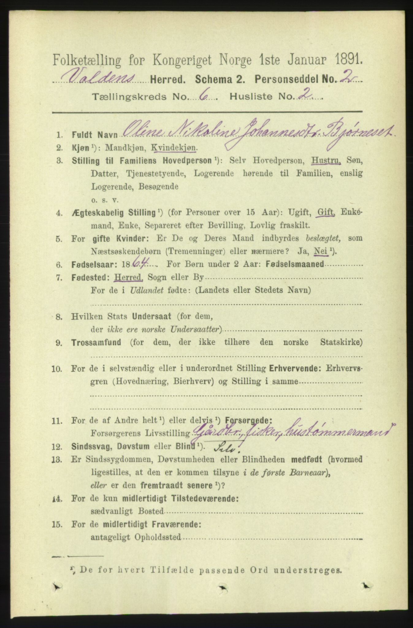 RA, 1891 census for 1519 Volda, 1891, p. 2872