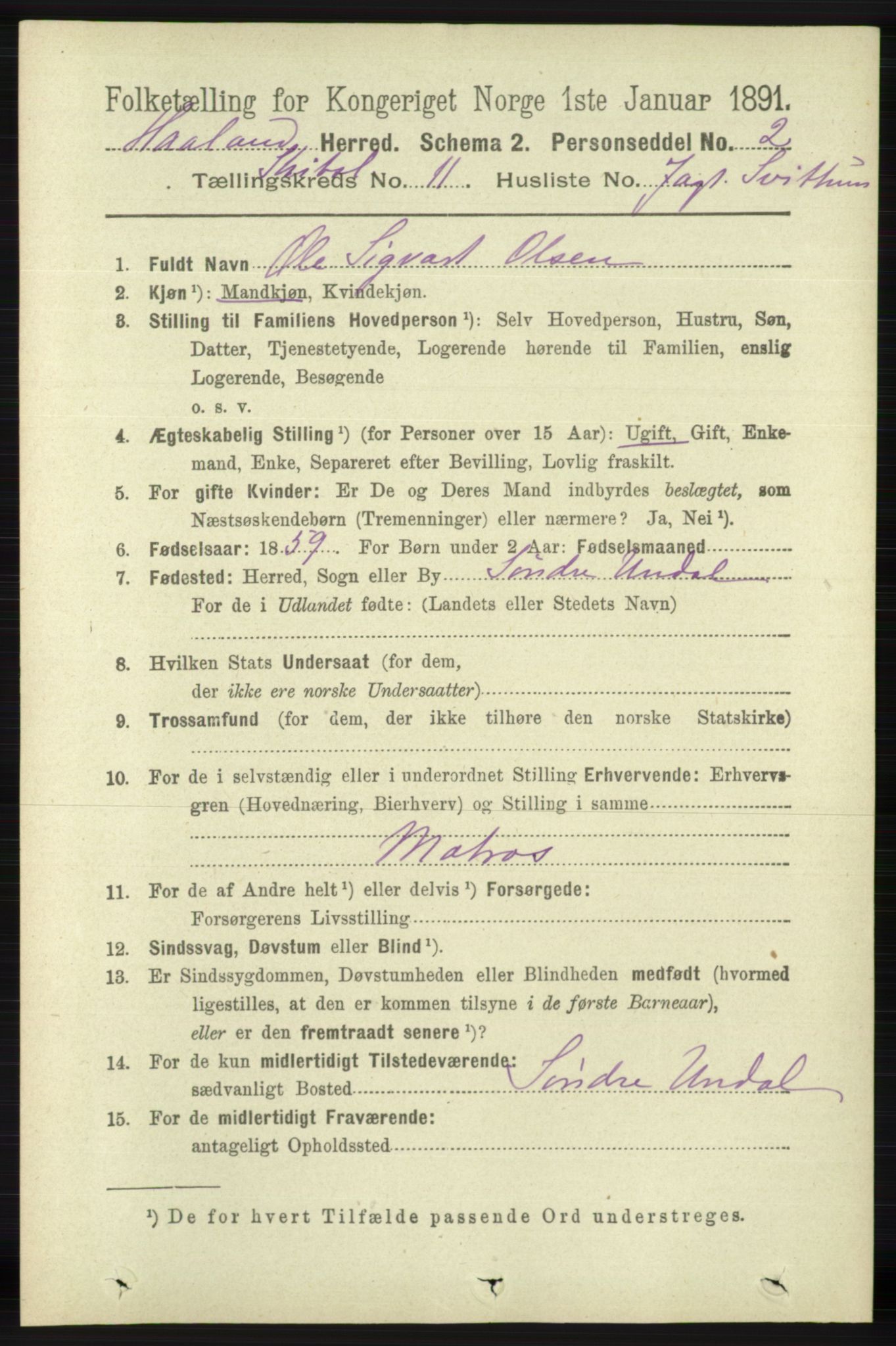 RA, 1891 census for 1124 Haaland, 1891, p. 4104