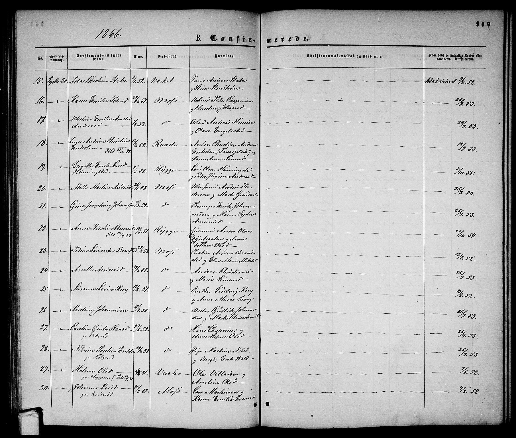 Moss prestekontor Kirkebøker, AV/SAO-A-2003/G/Ga/L0003: Parish register (copy) no. I 3, 1861-1872, p. 162