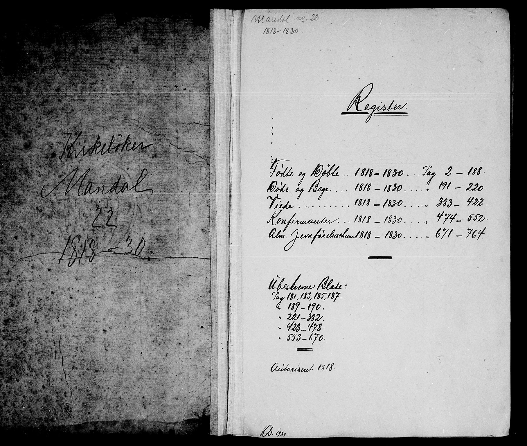 Mandal sokneprestkontor, SAK/1111-0030/F/Fb/Fba/L0001: Parish register (copy) no. B 1, 1818-1830