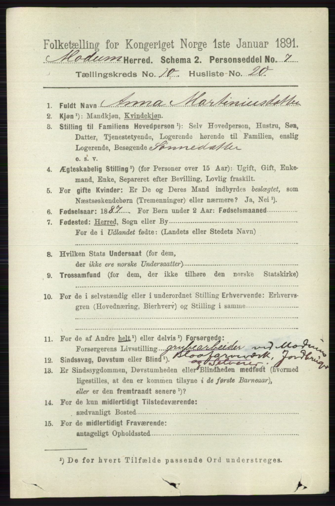 RA, 1891 census for 0623 Modum, 1891, p. 4079