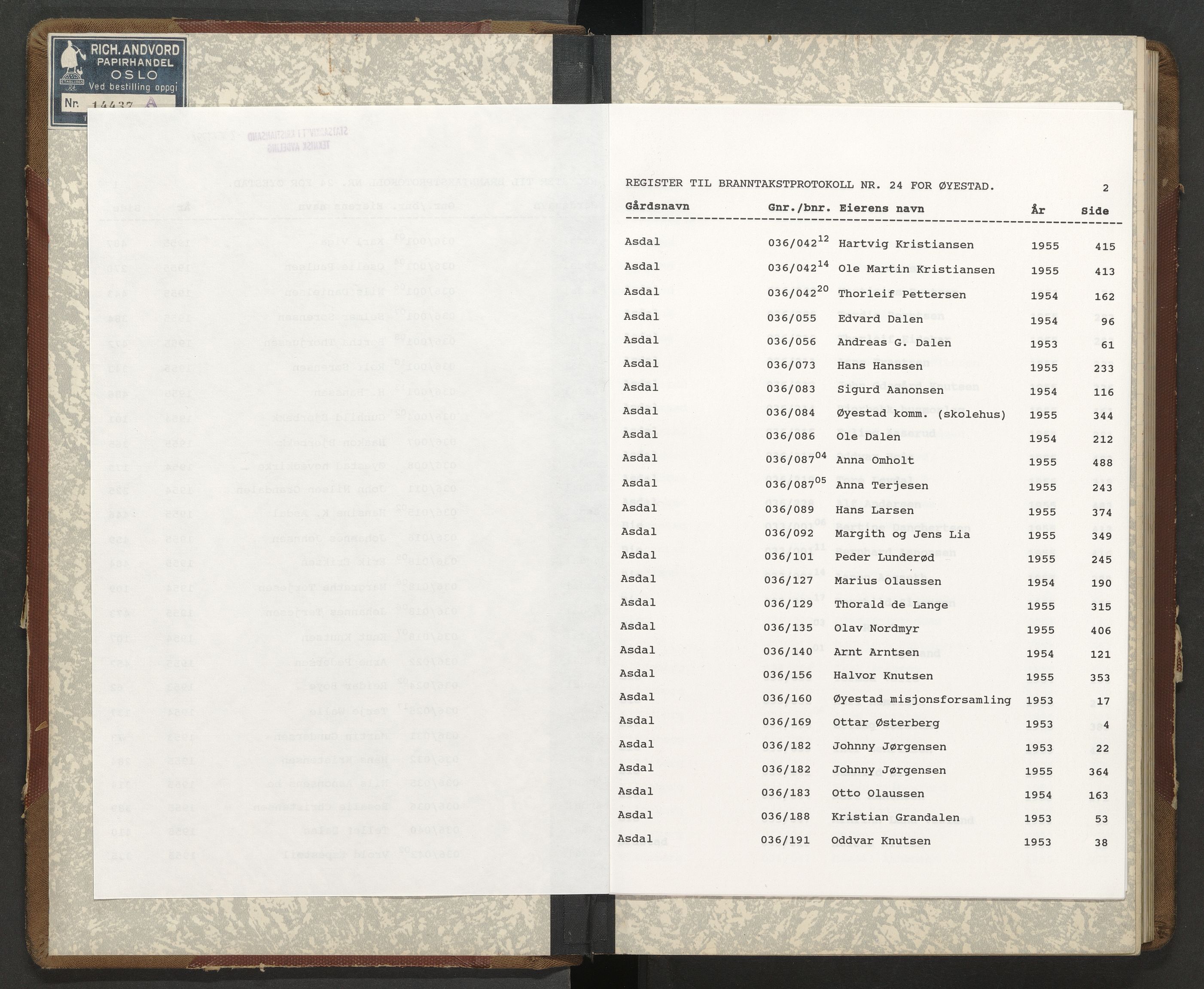 Norges Brannkasse Øyestad, AV/SAK-2241-0059/F/Fa/L0024: Branntakstprotokoll nr. 24 med gårdsnavnregister, 1953-1955