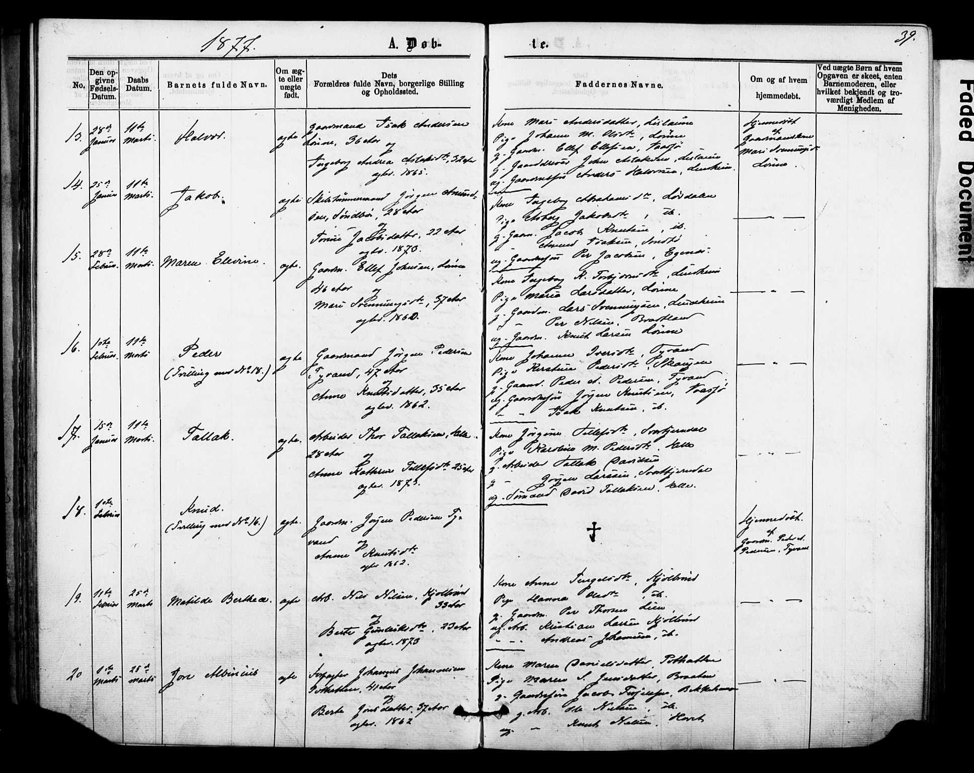 Sannidal kirkebøker, AV/SAKO-A-296/F/Fa/L0014: Parish register (official) no. 14, 1874-1883, p. 39