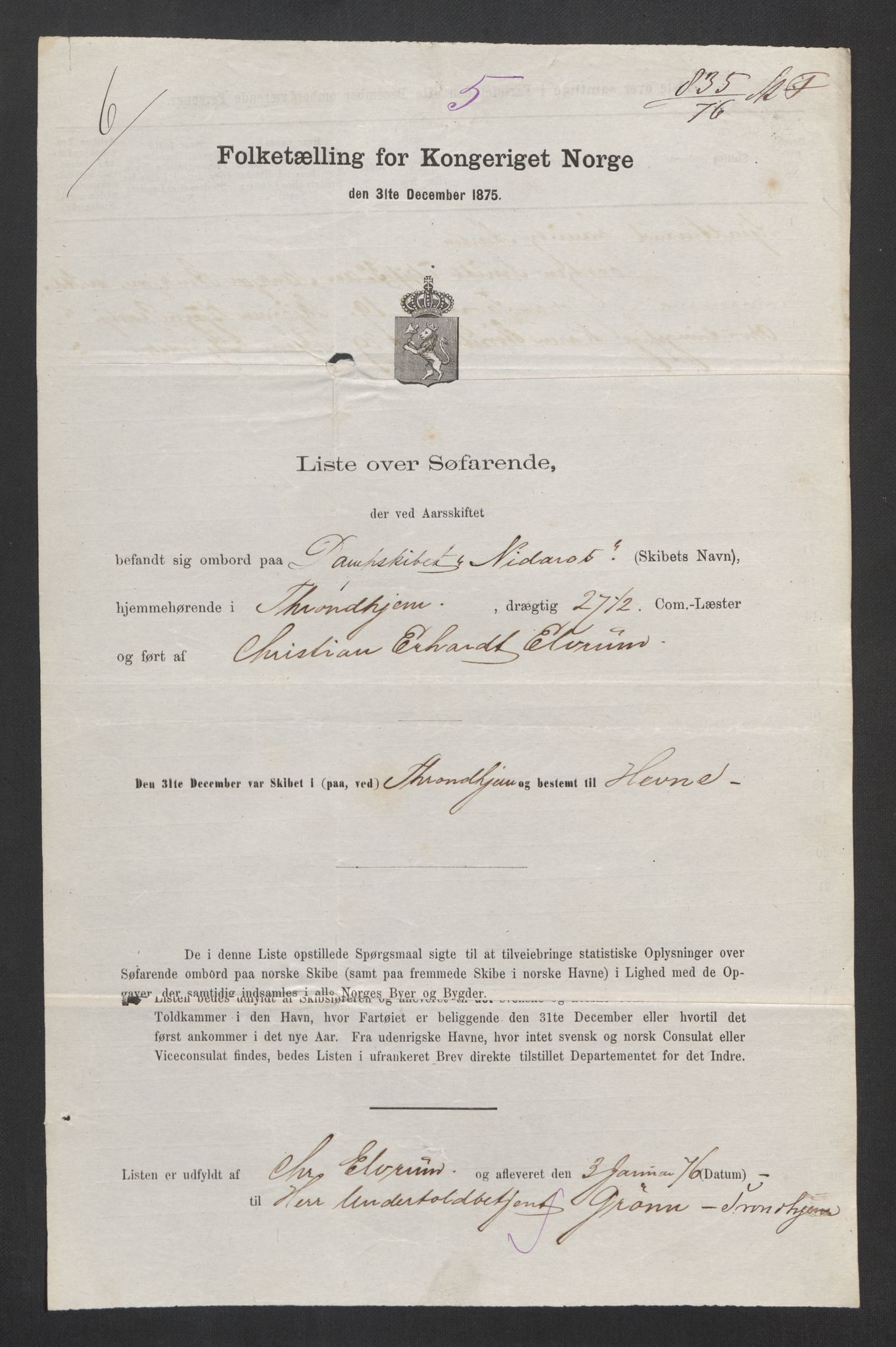 RA, 1875 census, lists of crew on ships: Ships in domestic ports, 1875, p. 1169