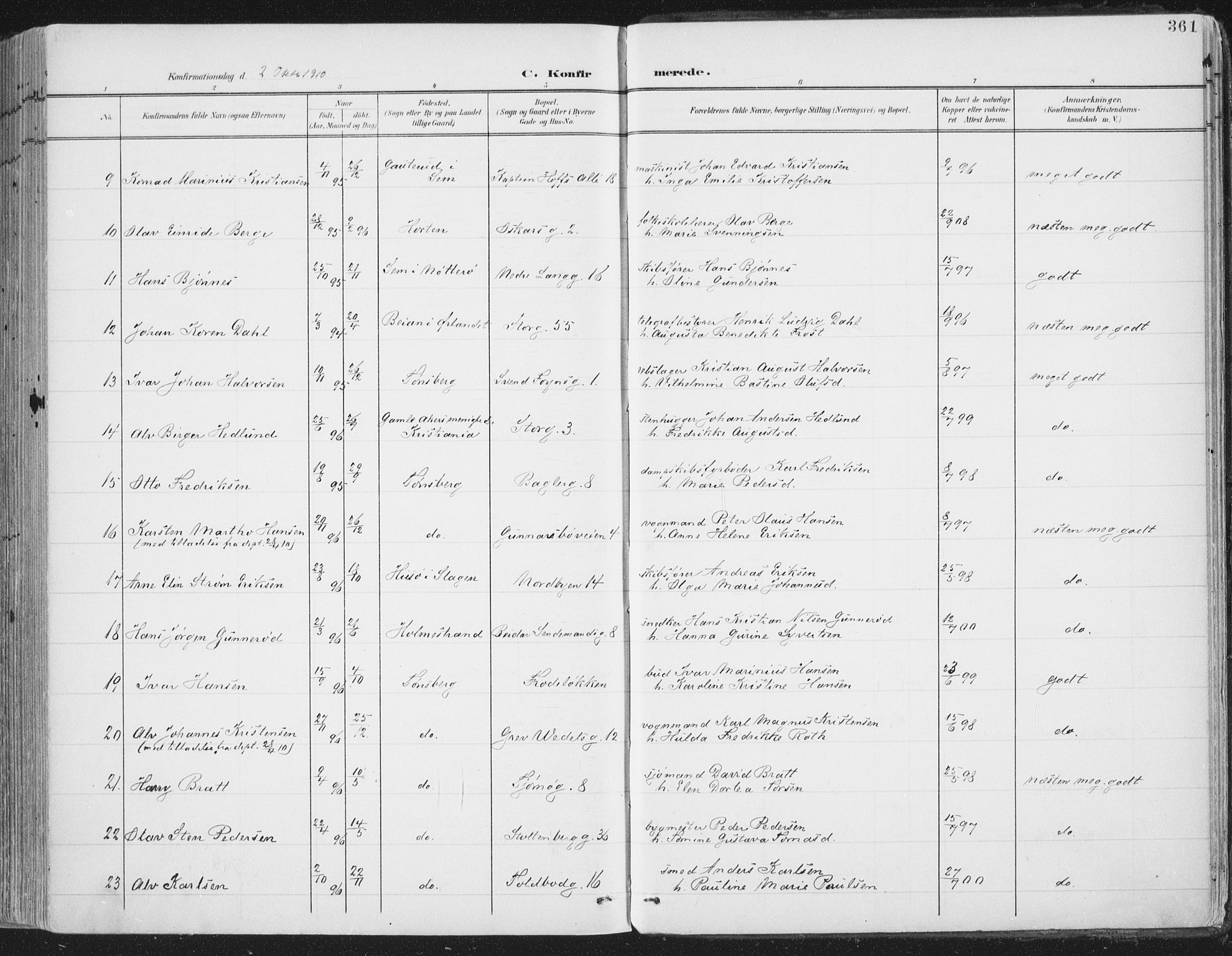Tønsberg kirkebøker, AV/SAKO-A-330/F/Fa/L0014: Parish register (official) no. I 14, 1900-1913, p. 361