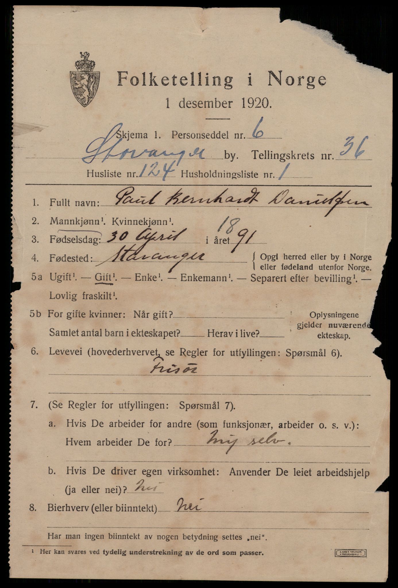 SAST, 1920 census for Stavanger, 1920, p. 97252