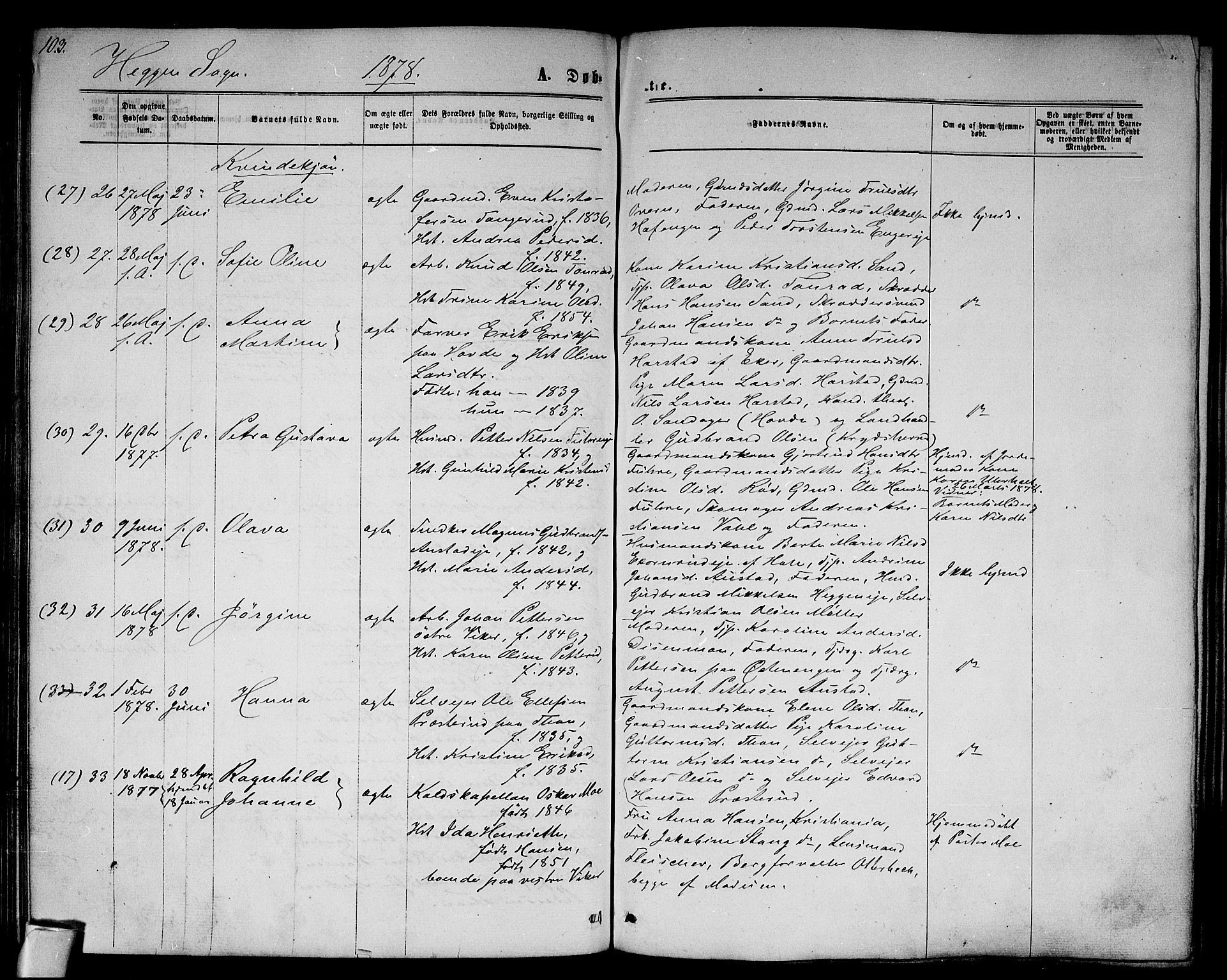 Modum kirkebøker, AV/SAKO-A-234/G/Ga/L0007: Parish register (copy) no. I 7, 1869-1878, p. 103