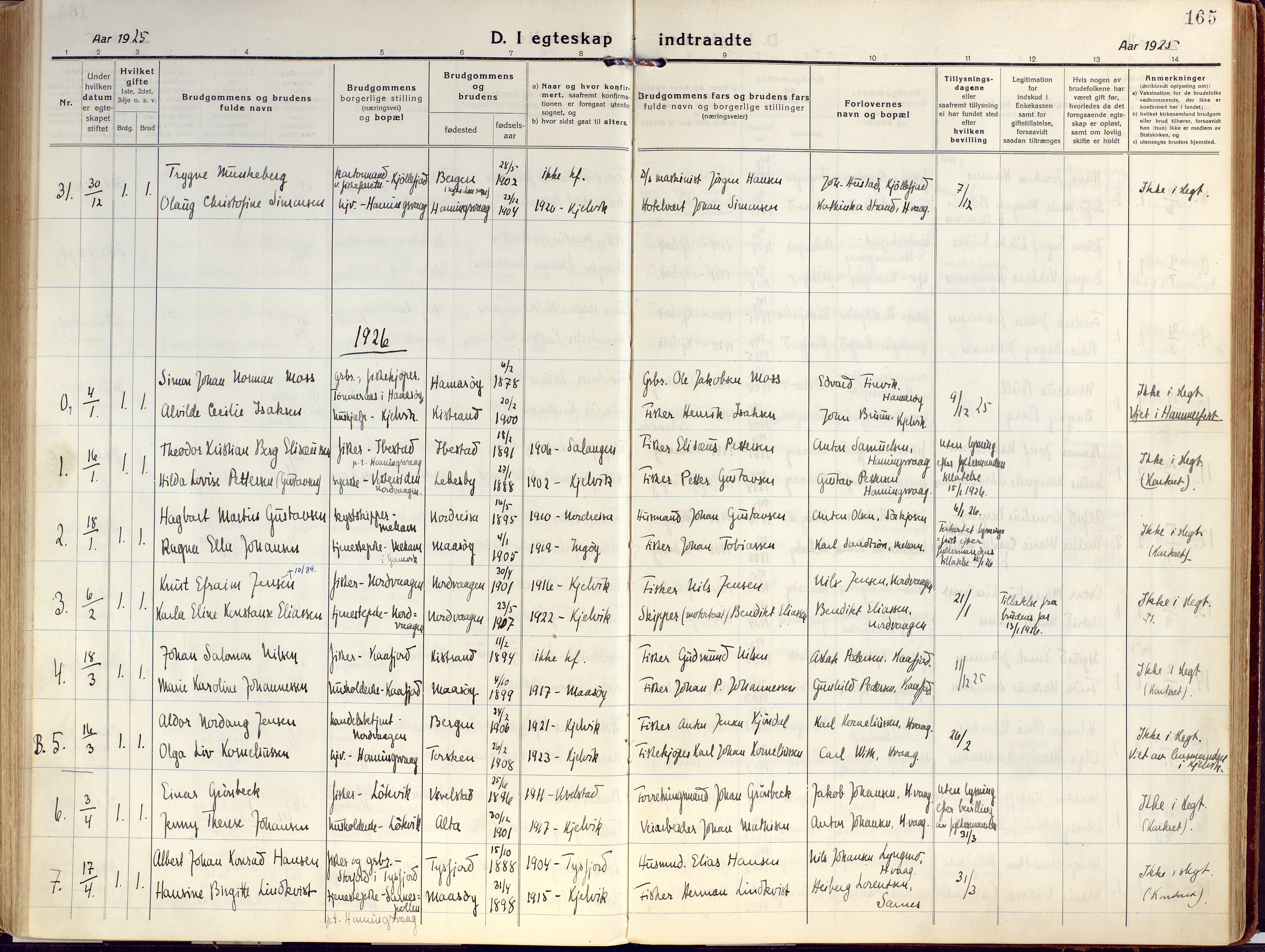 Kjelvik/Nordkapp sokneprestkontor, AV/SATØ-S-1350/H/Ha/L0002kirke: Parish register (official) no. 2, 1920-1929, p. 165