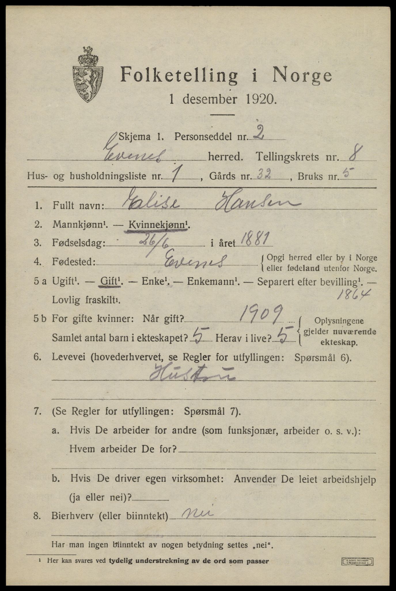 SAT, 1920 census for Evenes, 1920, p. 6532