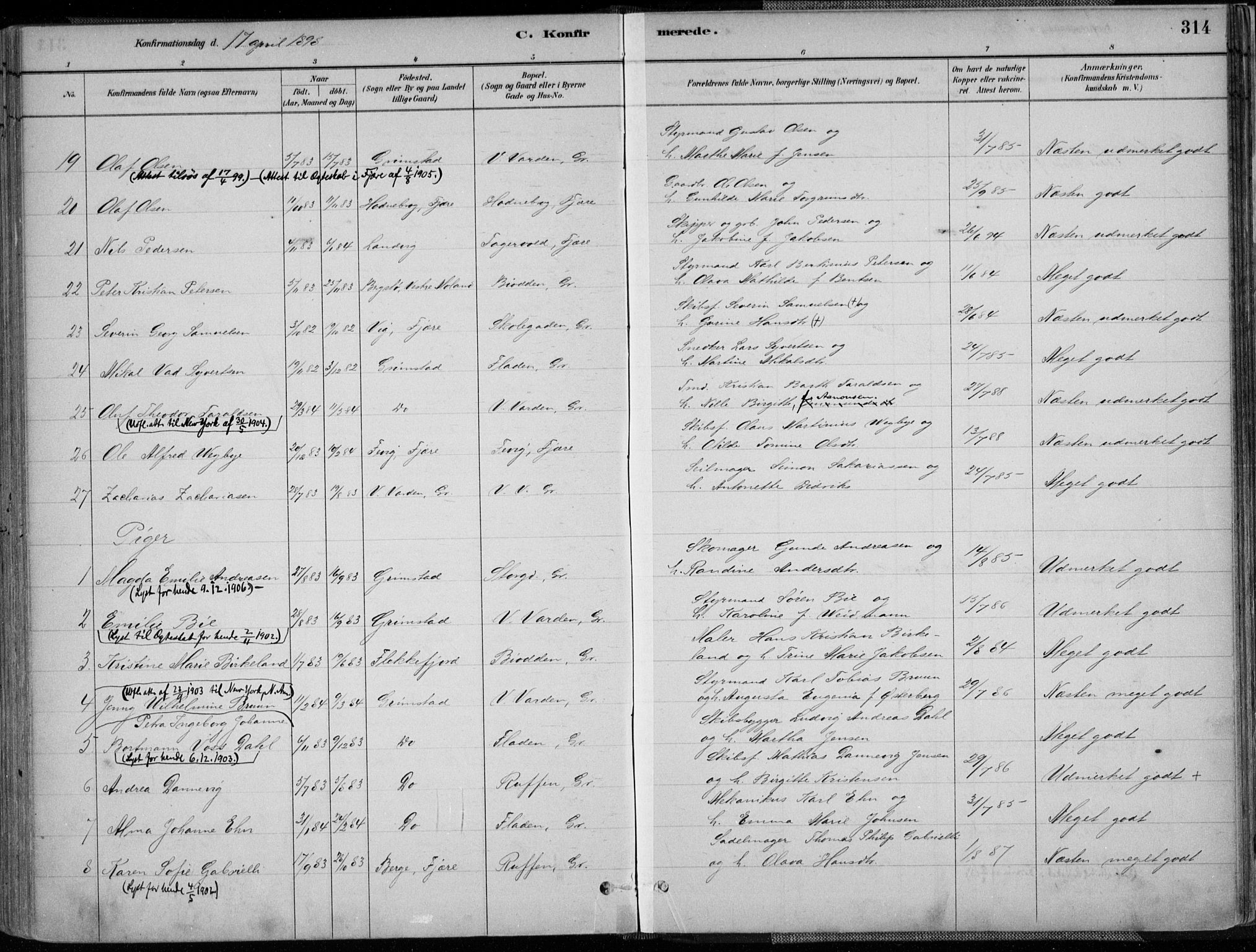 Grimstad sokneprestkontor, AV/SAK-1111-0017/F/Fa/L0003: Parish register (official) no. A 2, 1882-1912, p. 314