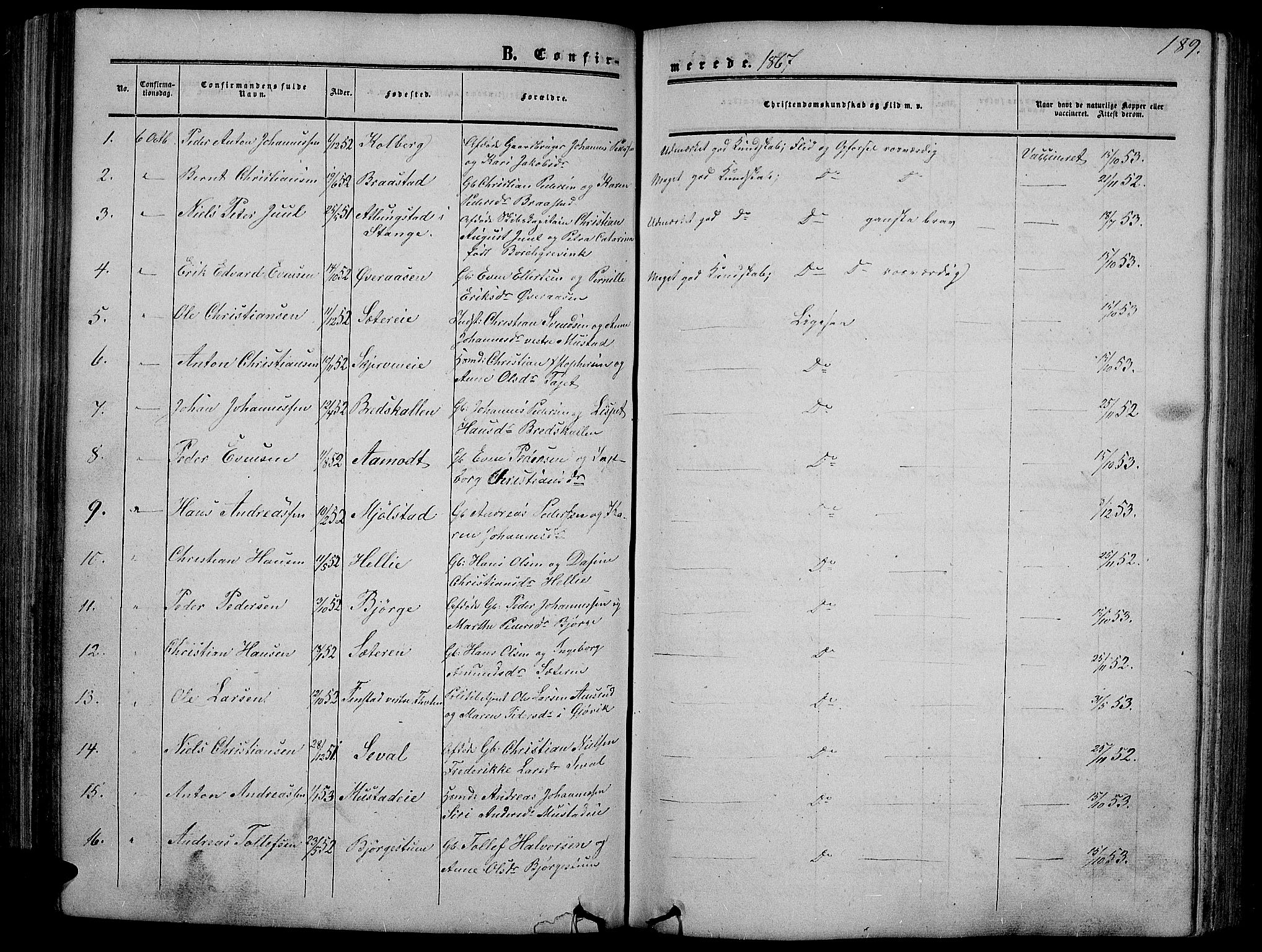 Vardal prestekontor, SAH/PREST-100/H/Ha/Hab/L0005: Parish register (copy) no. 5, 1854-1868, p. 189