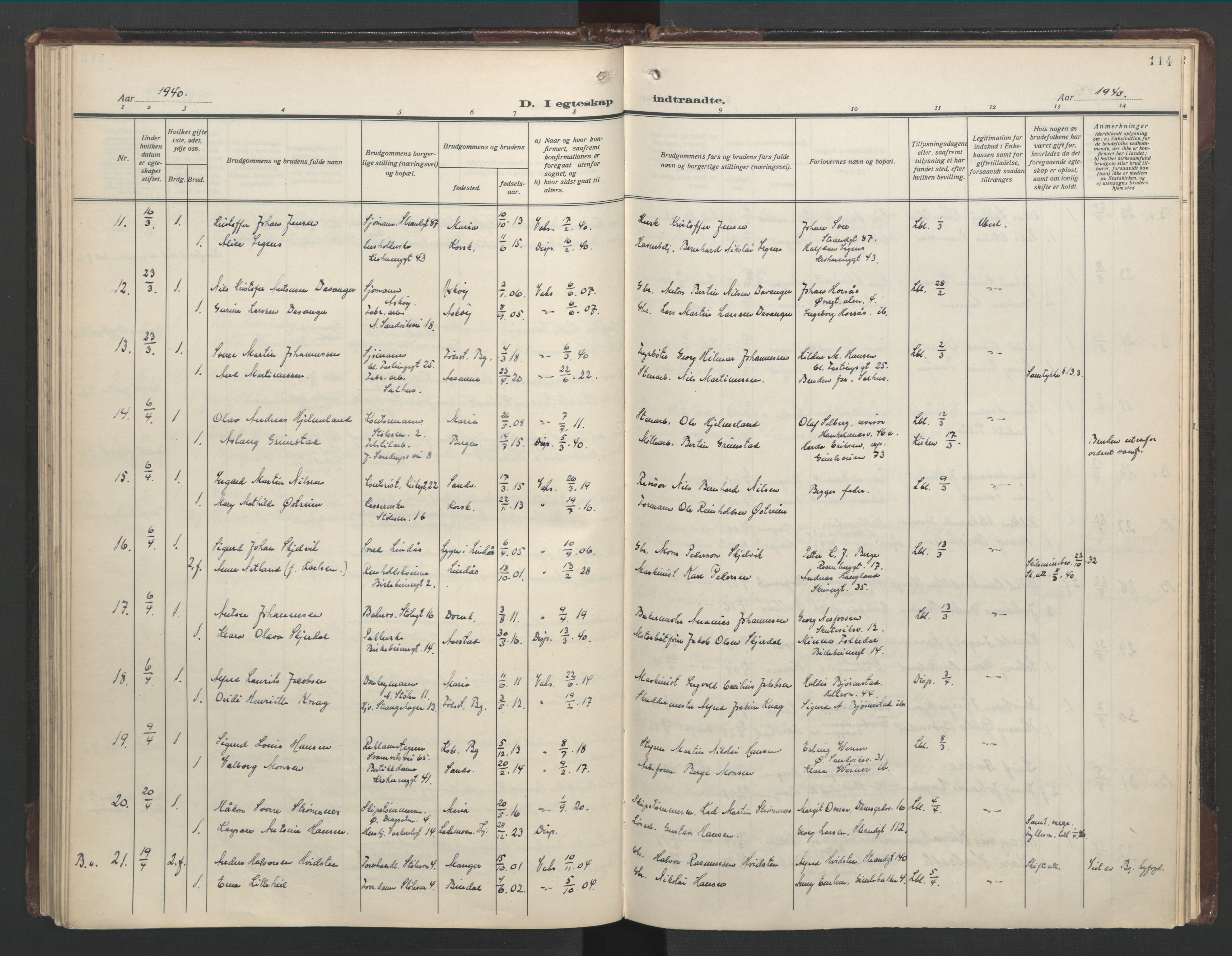 Mariakirken Sokneprestembete, AV/SAB-A-76901/H/Hab/L0011: Parish register (copy) no. A 11, 1938-1955, p. 113b-114a