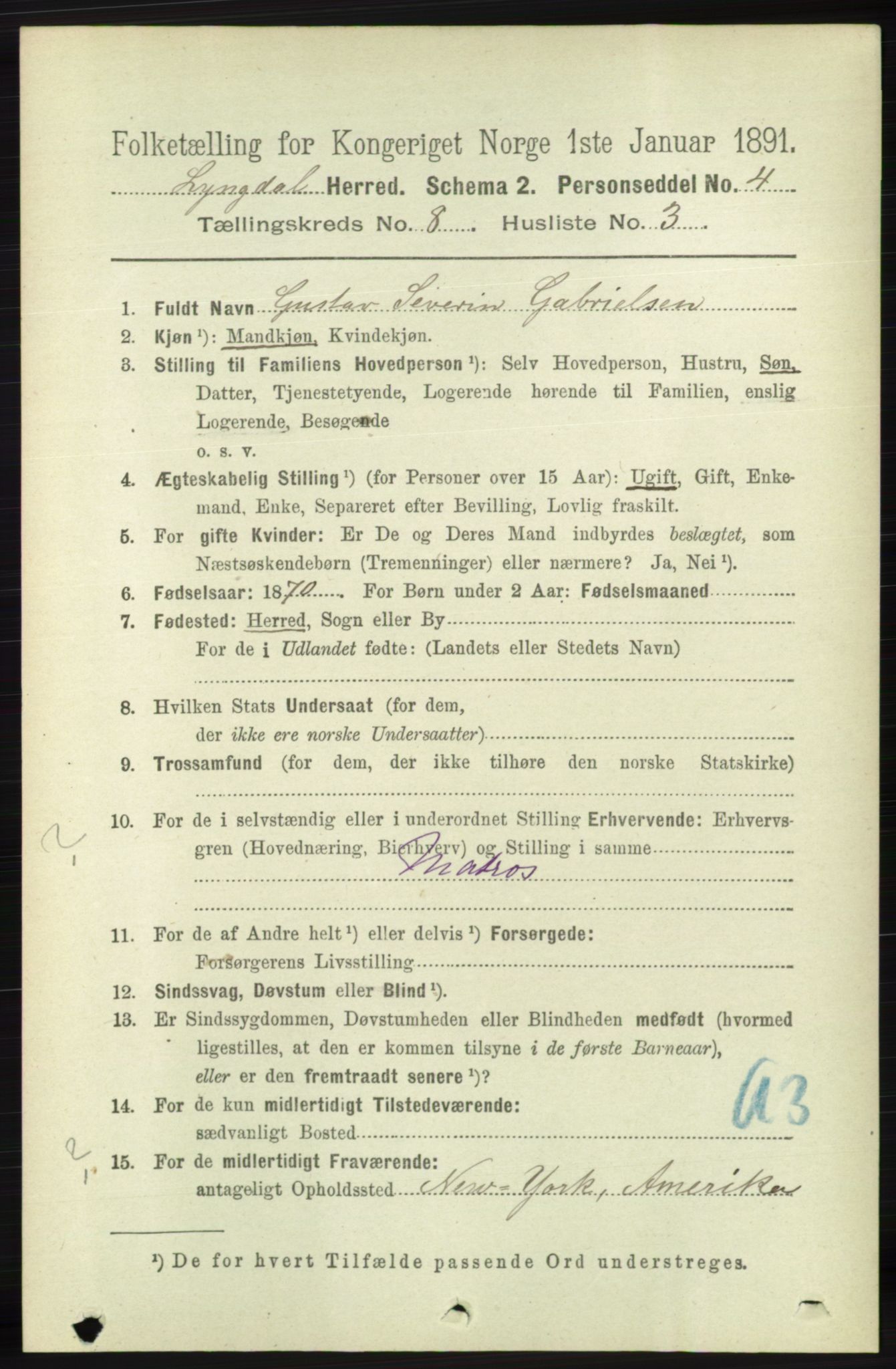 RA, 1891 census for 1032 Lyngdal, 1891, p. 3386