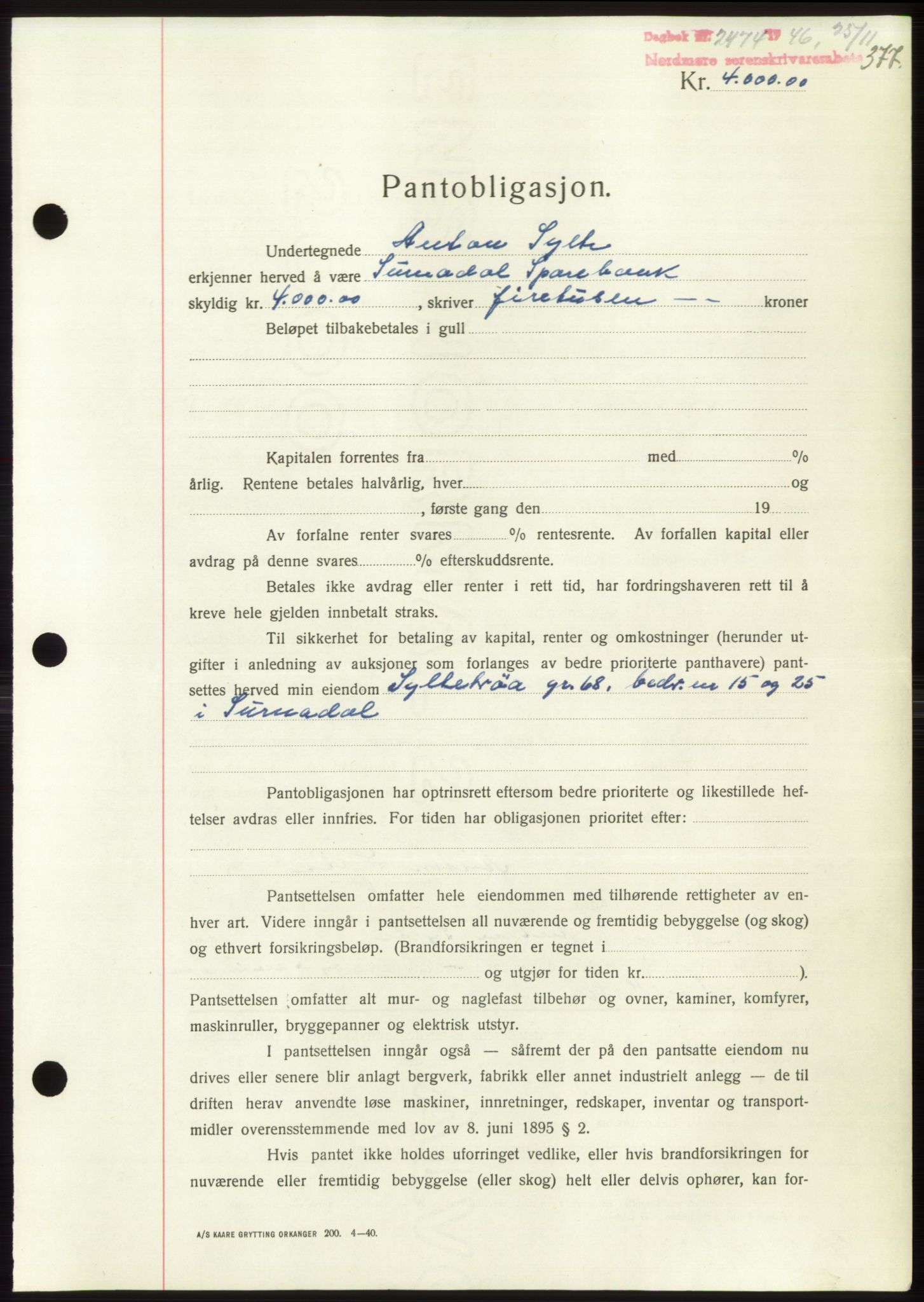 Nordmøre sorenskriveri, AV/SAT-A-4132/1/2/2Ca: Mortgage book no. B95, 1946-1947, Diary no: : 2474/1946