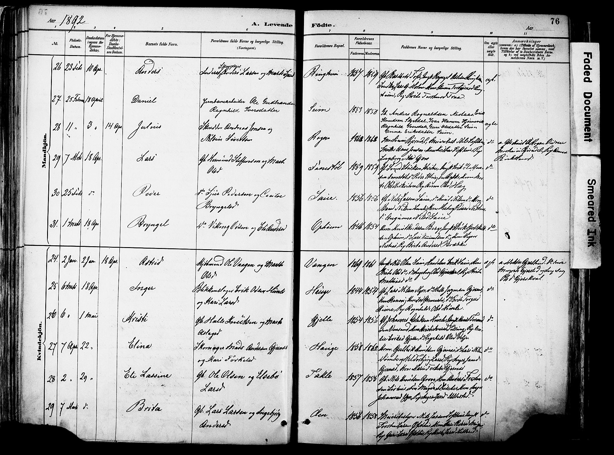 Voss sokneprestembete, AV/SAB-A-79001/H/Haa: Parish register (official) no. A 21, 1887-1903, p. 76