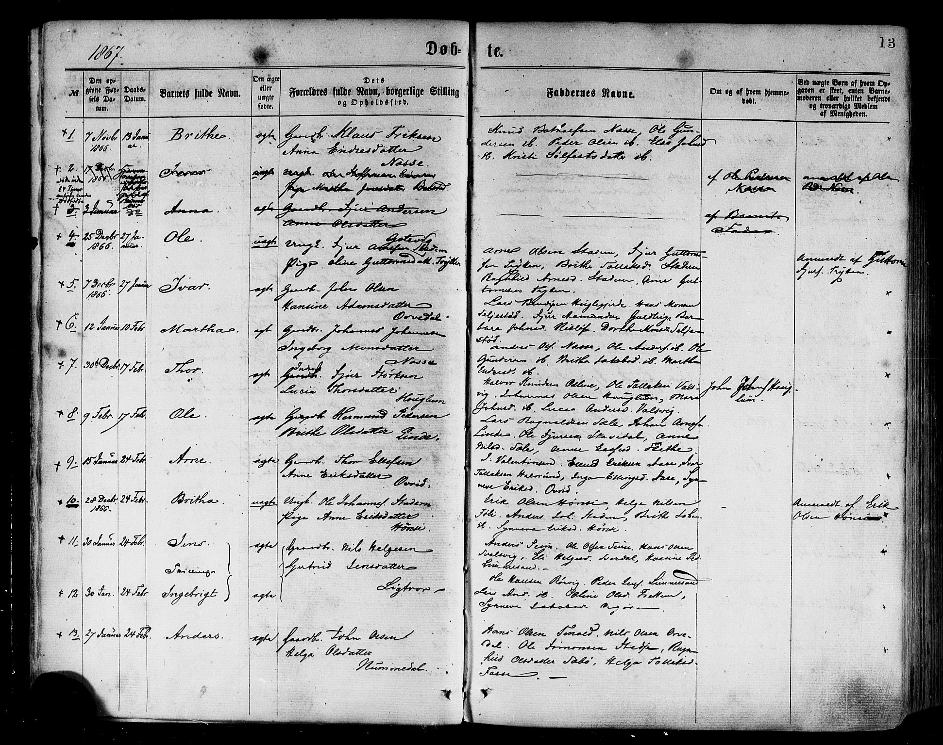 Vik sokneprestembete, SAB/A-81501: Parish register (official) no. A 9, 1866-1877, p. 13