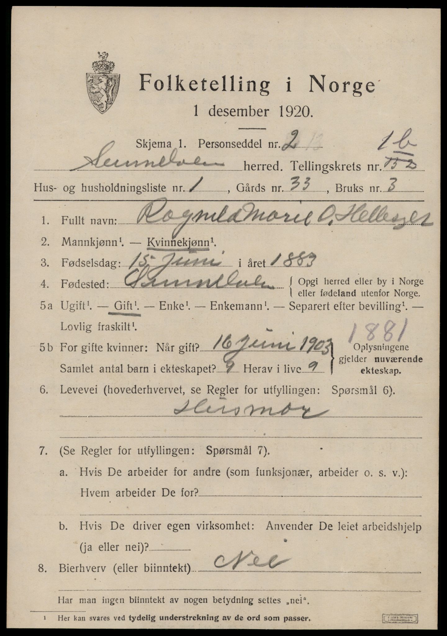 SAT, 1920 census for Sunnylven, 1920, p. 912