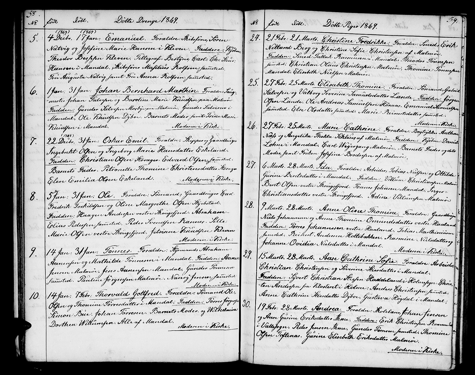 Mandal sokneprestkontor, SAK/1111-0030/F/Fb/Fba/L0009: Parish register (copy) no. B 3, 1867-1877, p. 58-59