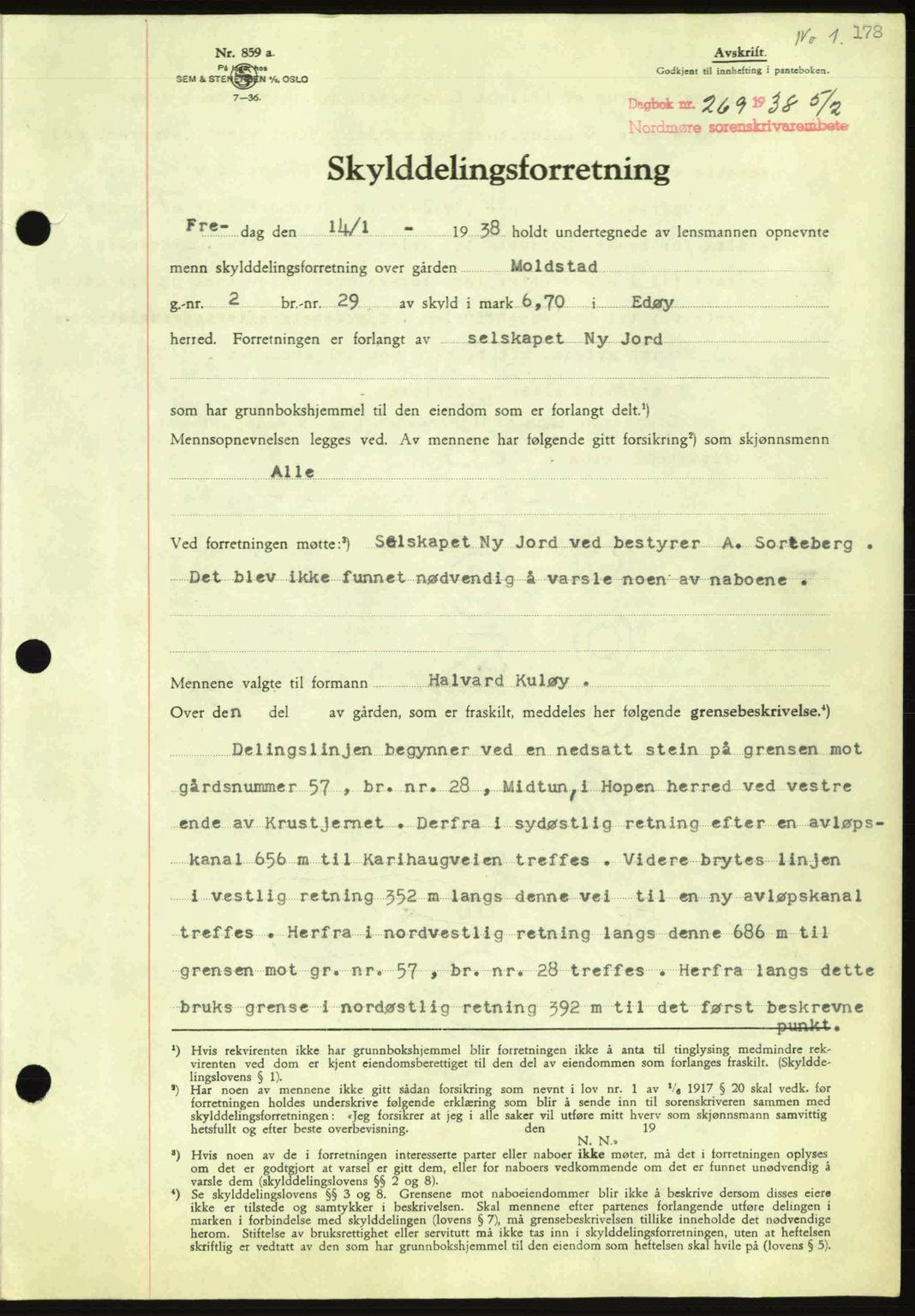 Nordmøre sorenskriveri, AV/SAT-A-4132/1/2/2Ca: Mortgage book no. A83, 1938-1938, Diary no: : 269/1938