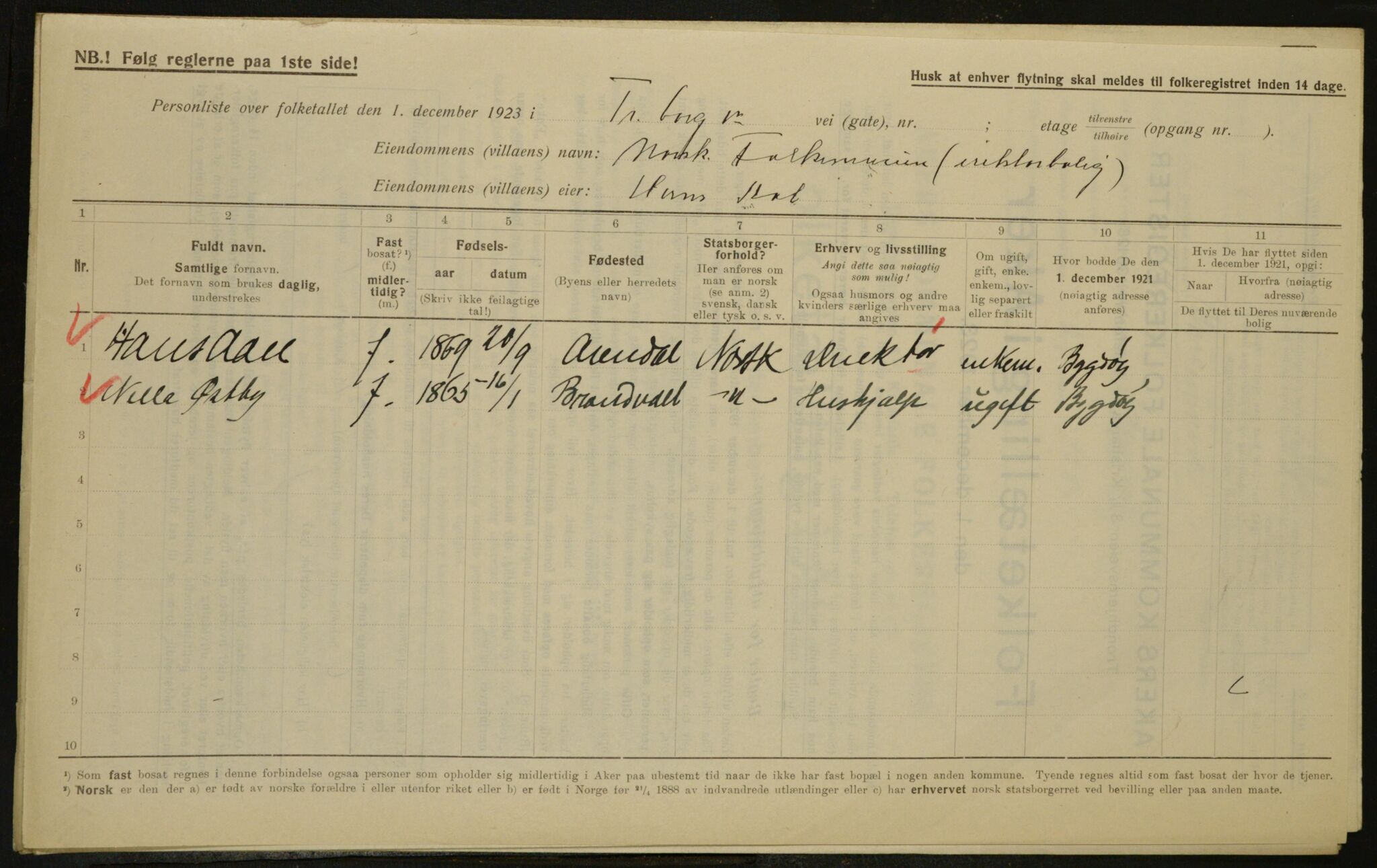 , Municipal Census 1923 for Aker, 1923, p. 4841