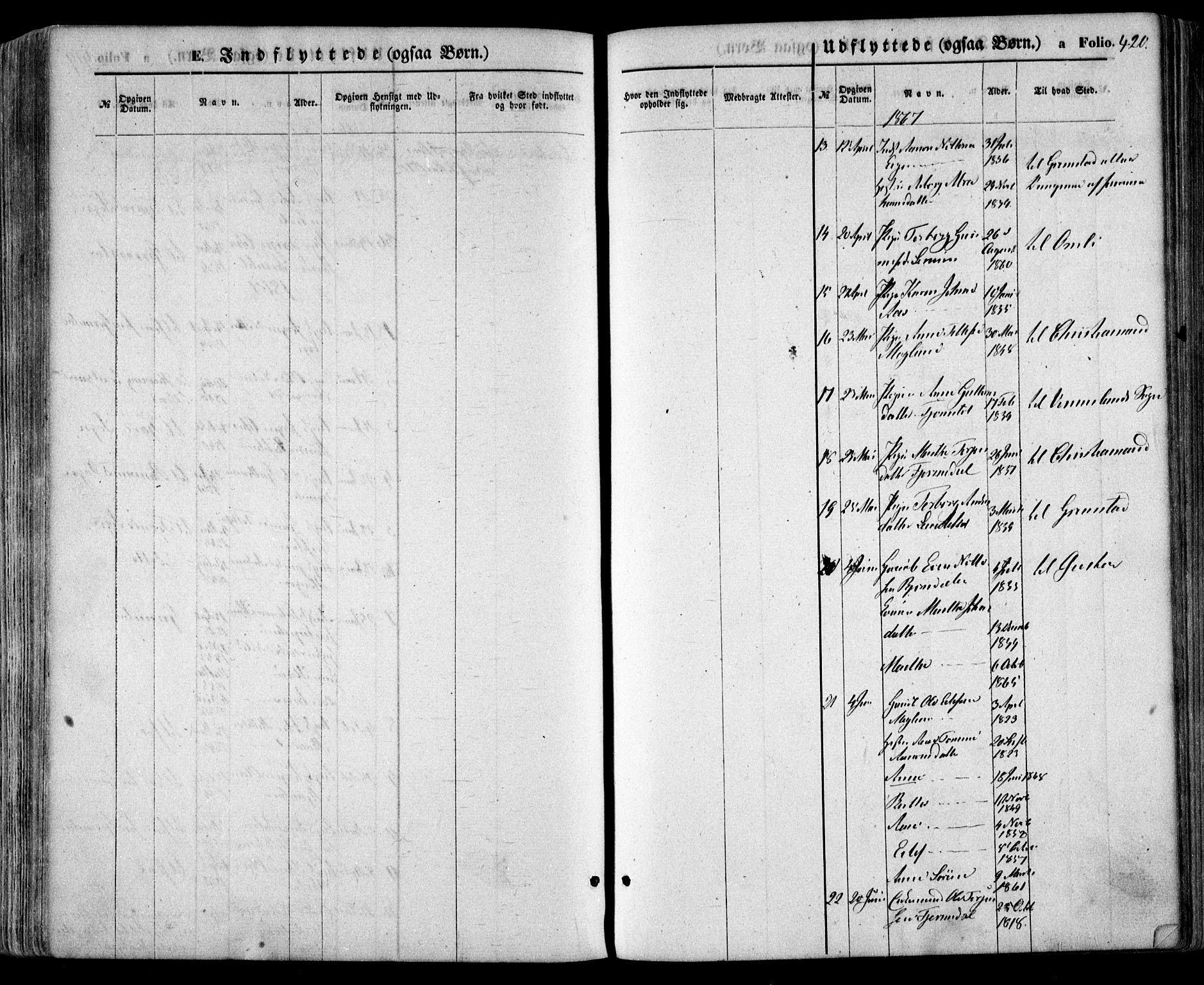 Evje sokneprestkontor, SAK/1111-0008/F/Fa/Faa/L0006: Parish register (official) no. A 6, 1866-1884, p. 420