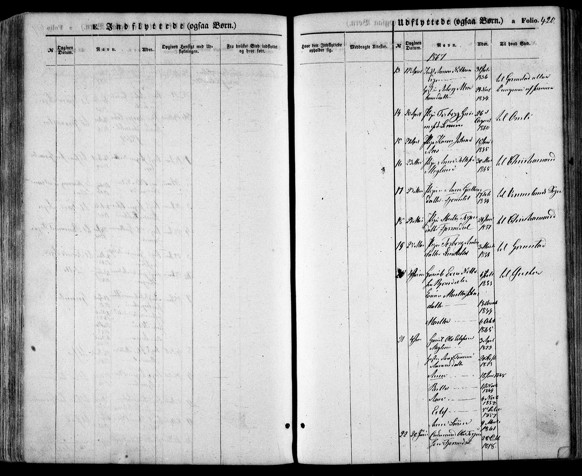 Evje sokneprestkontor, AV/SAK-1111-0008/F/Fa/Faa/L0006: Parish register (official) no. A 6, 1866-1884, p. 420
