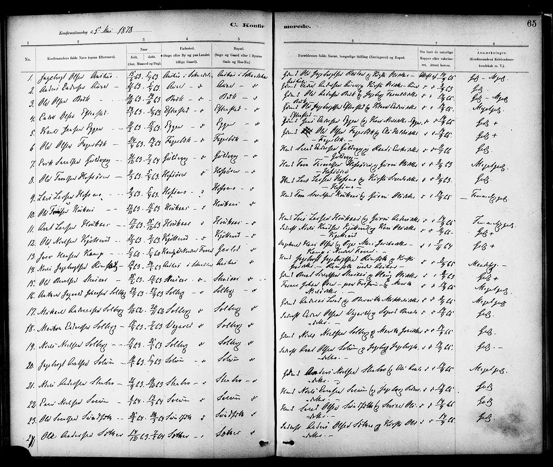 Ministerialprotokoller, klokkerbøker og fødselsregistre - Sør-Trøndelag, SAT/A-1456/689/L1040: Parish register (official) no. 689A05, 1878-1890, p. 65