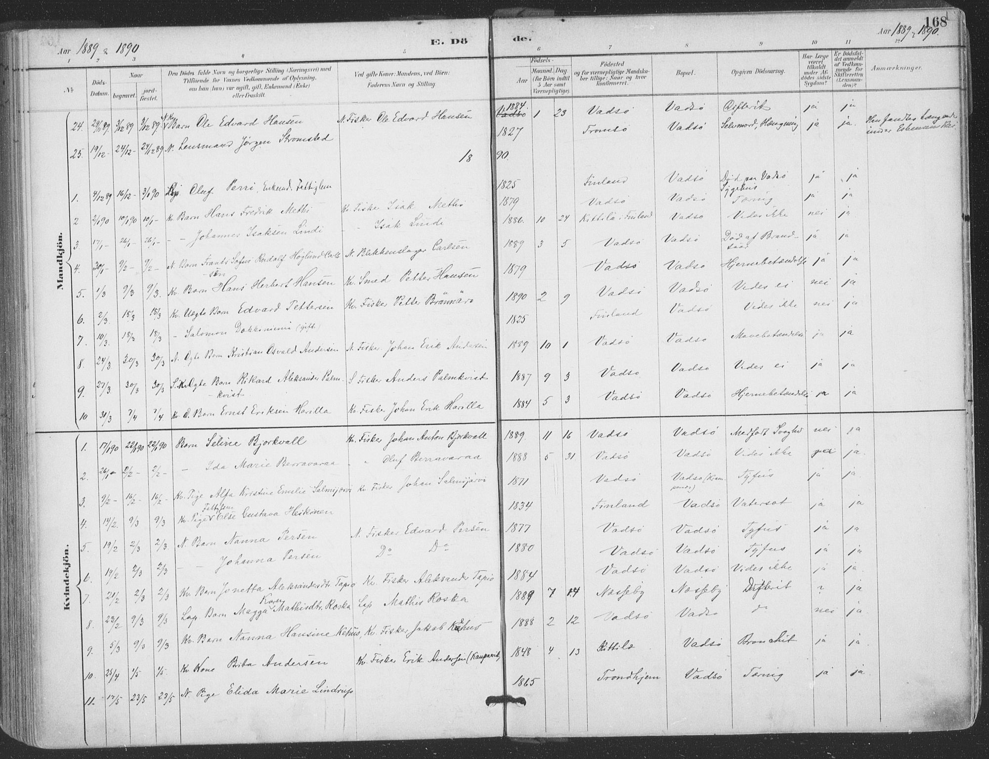 Vadsø sokneprestkontor, SATØ/S-1325/H/Ha/L0006kirke: Parish register (official) no. 6, 1885-1895, p. 168