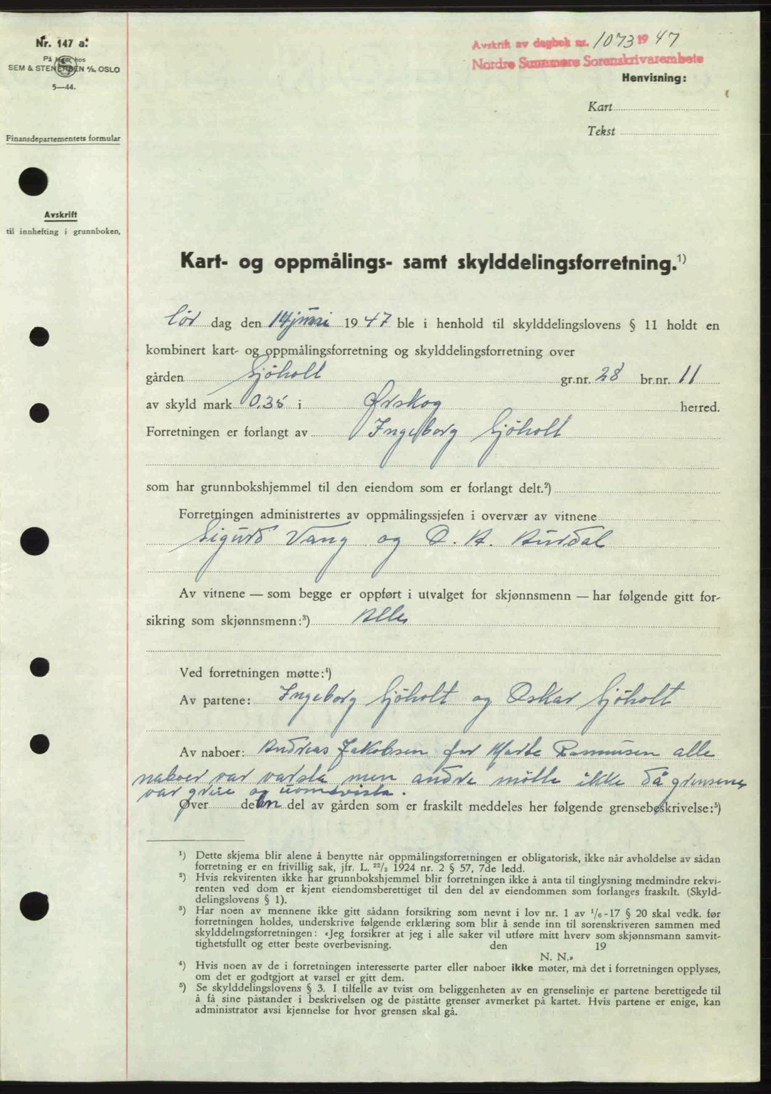 Nordre Sunnmøre sorenskriveri, AV/SAT-A-0006/1/2/2C/2Ca: Mortgage book no. A24, 1947-1947, Diary no: : 1073/1947