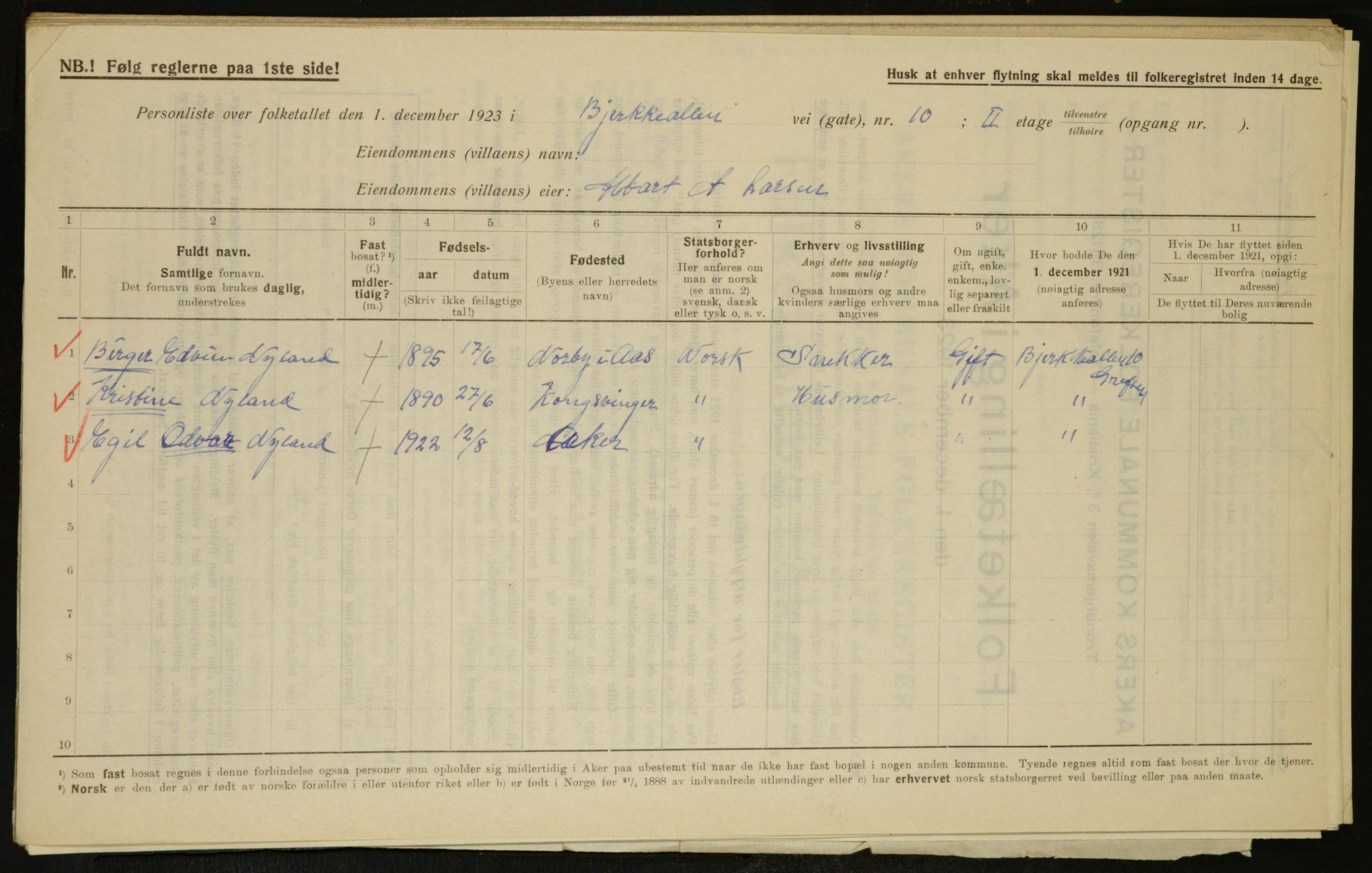 , Municipal Census 1923 for Aker, 1923, p. 7789