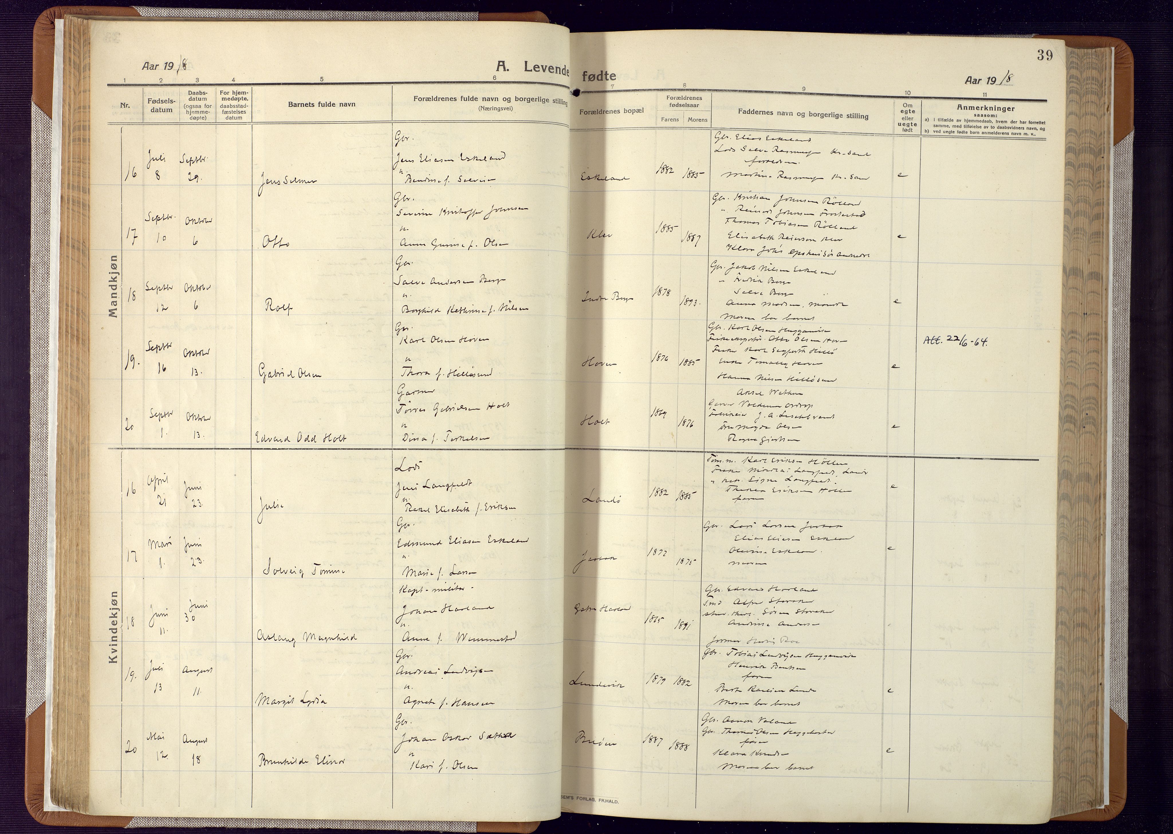 Mandal sokneprestkontor, AV/SAK-1111-0030/F/Fa/Faa/L0022: Parish register (official) no. A 22, 1913-1925, p. 39