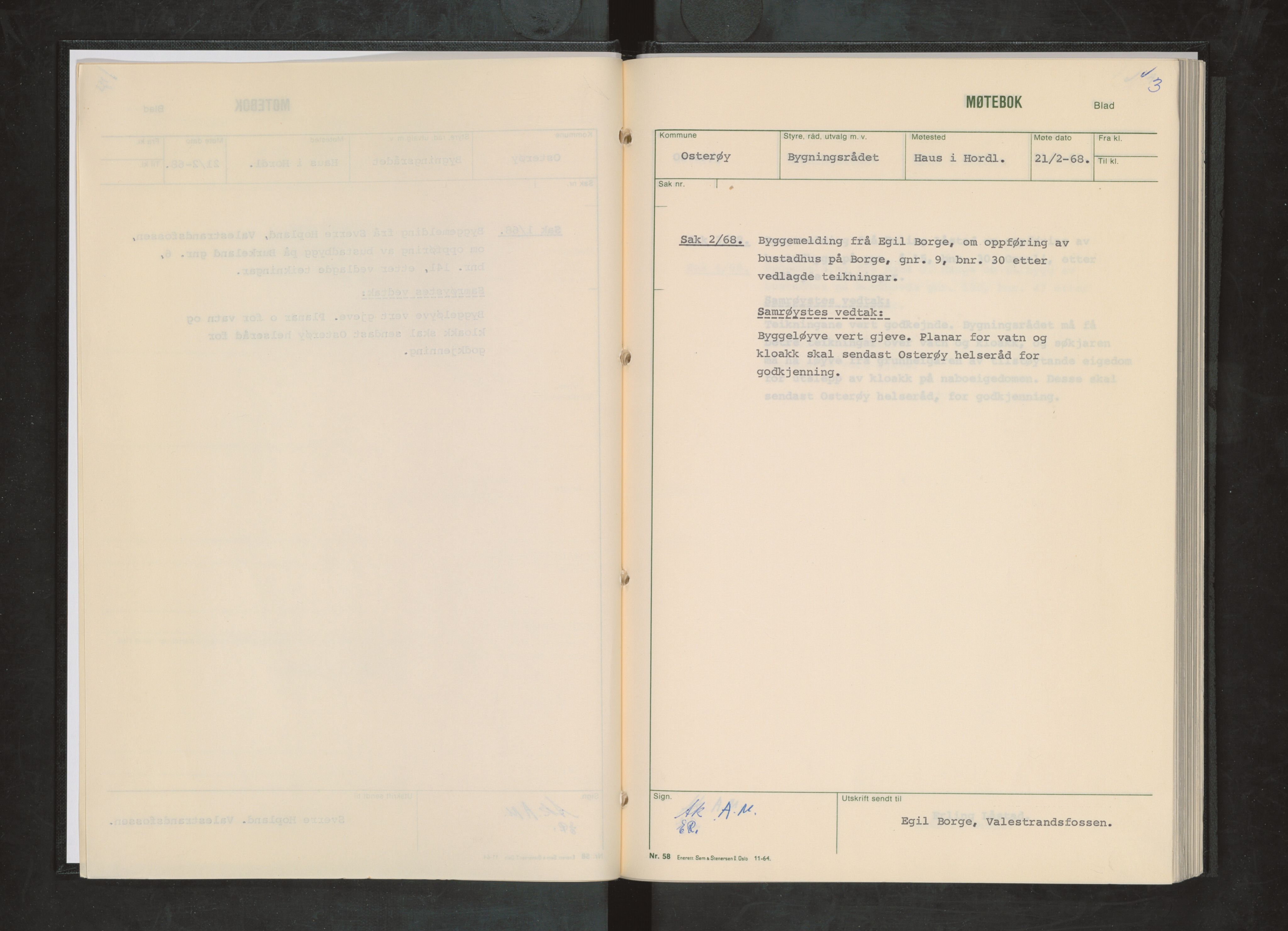 Osterøy kommune. Bygningsrådet, IKAH/1253b-511/A/Aa/L0003: Møtebok Osterøy bygningsråd, 1968