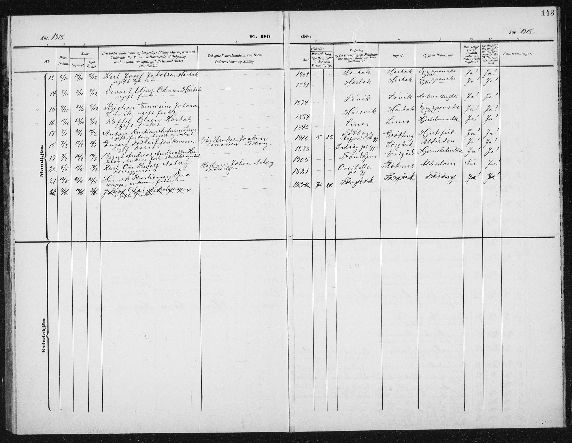 Ministerialprotokoller, klokkerbøker og fødselsregistre - Sør-Trøndelag, SAT/A-1456/656/L0699: Parish register (copy) no. 656C05, 1905-1920, p. 143